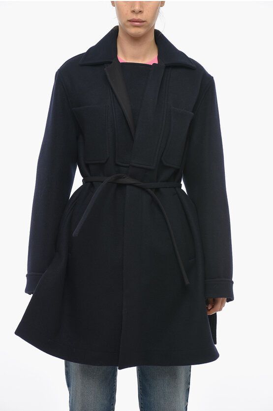 image of Jil Sander Utility Wool Coat With Hidden Closure in Blue, Women's (Size Small)