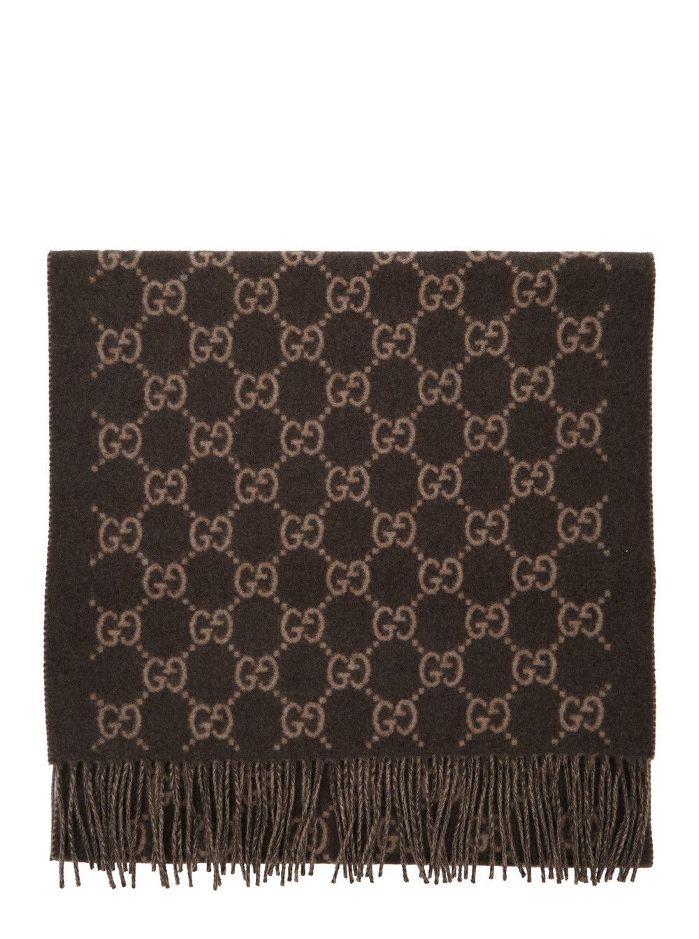 Gucci Men's Brown Cashmere 'GG' Scarf with All-Over Motif and Fringed Hem Size ONE SIZE - 1 Thumbnail