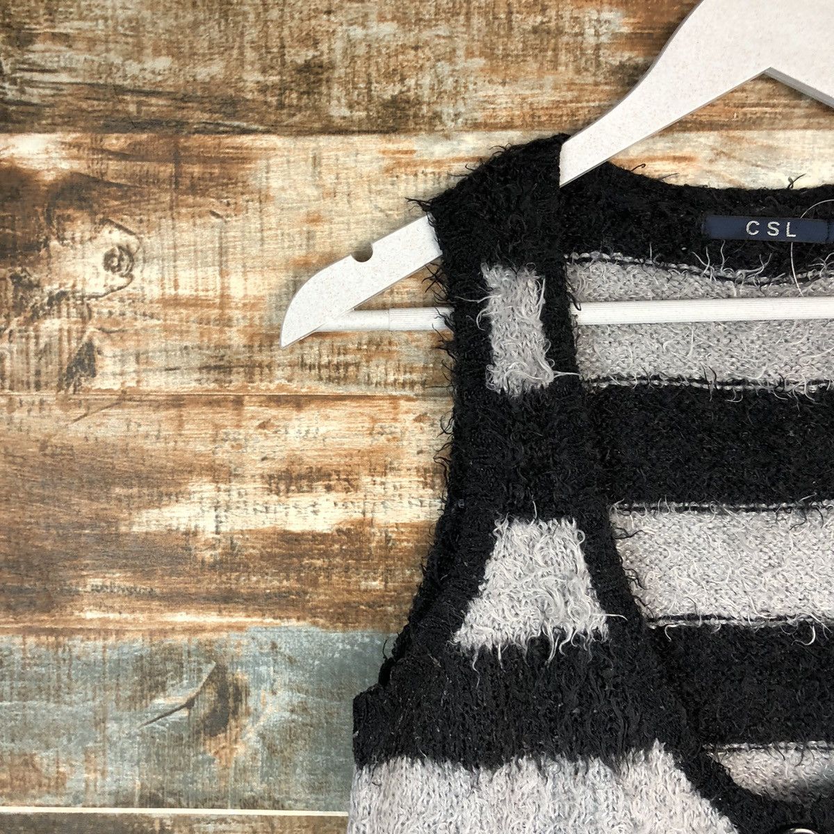 Japanese Brand CSL Stripe Grey fur mohair Black Vest Knitwear #A1609 Size L / US 10 / IT 46 - 7 Thumbnail