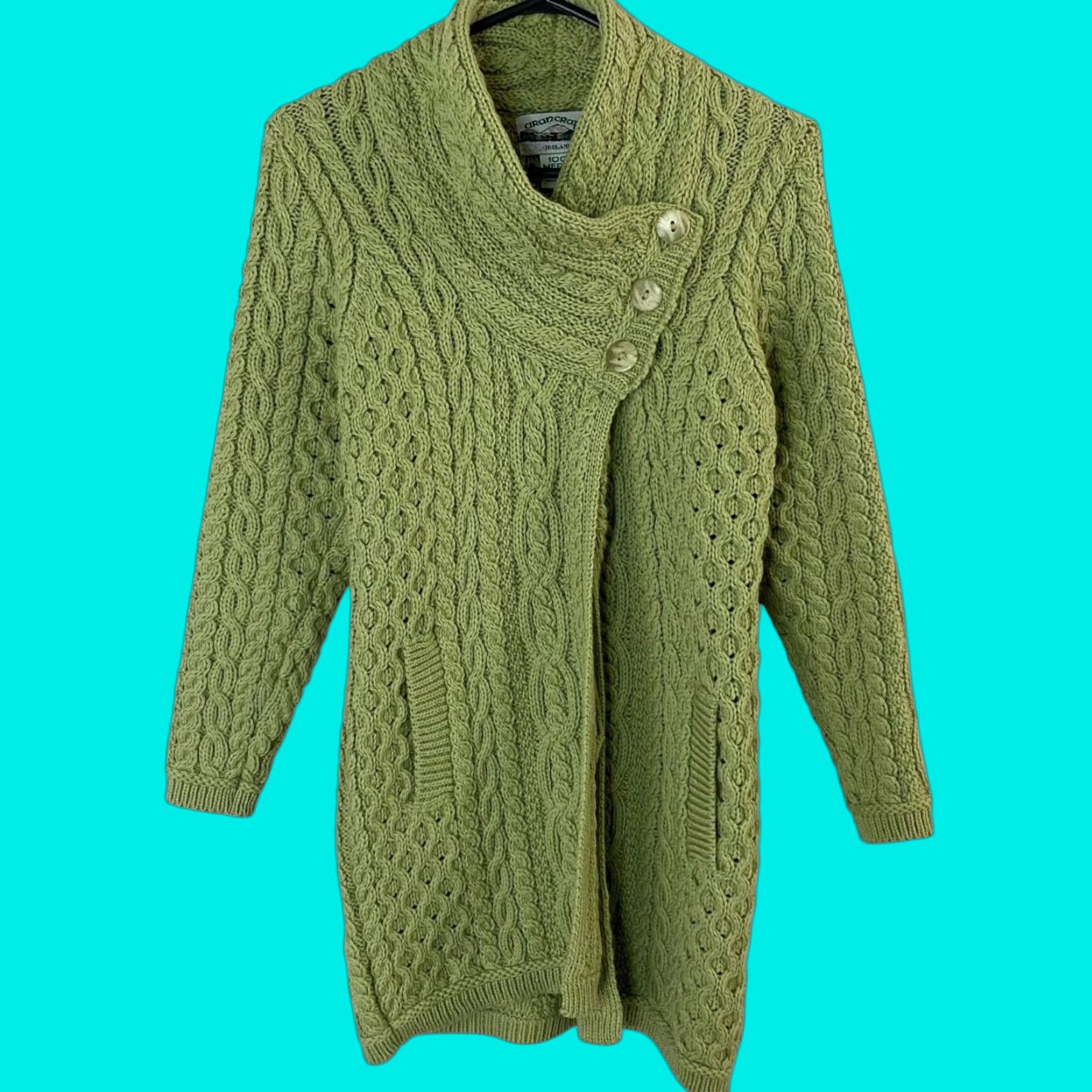Vintage VINTAGE Aran Crafts Merino Wool Cable-Knit Cardigan Sweater Womens XXS Green Button-Collar Bohemian Classic Size XXS / US 00 / IT 34 - 1 Thumbnail