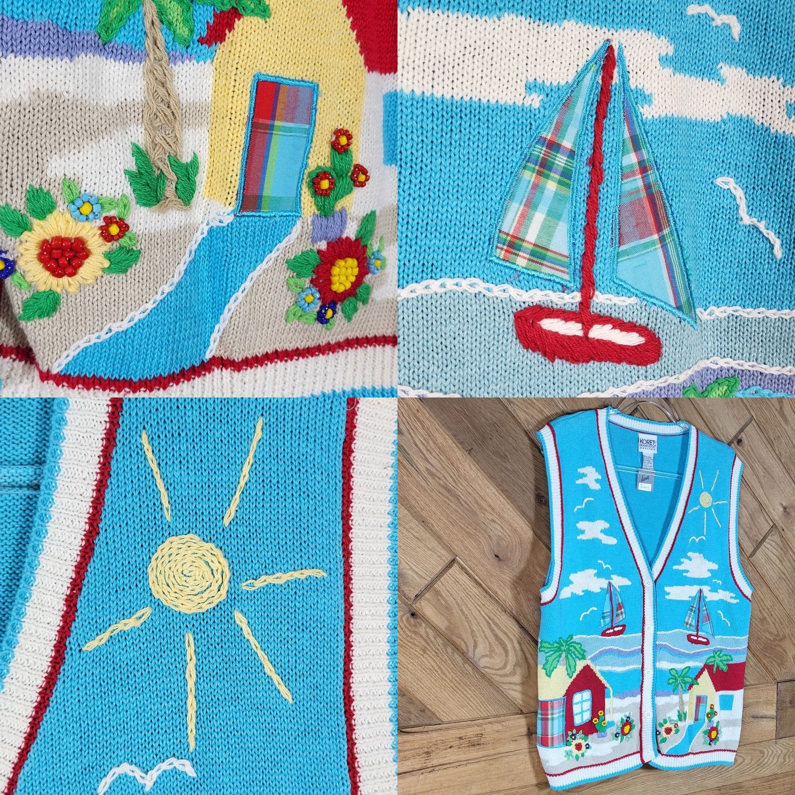 Vintage VINTAGE Koret Vest Shirt Womens PM Blue Beach Sailboat Knit Plaid Beaded Embroidered Sleeveless V-Neck Size M / US 6-8 / IT 42-44 - 8 Thumbnail