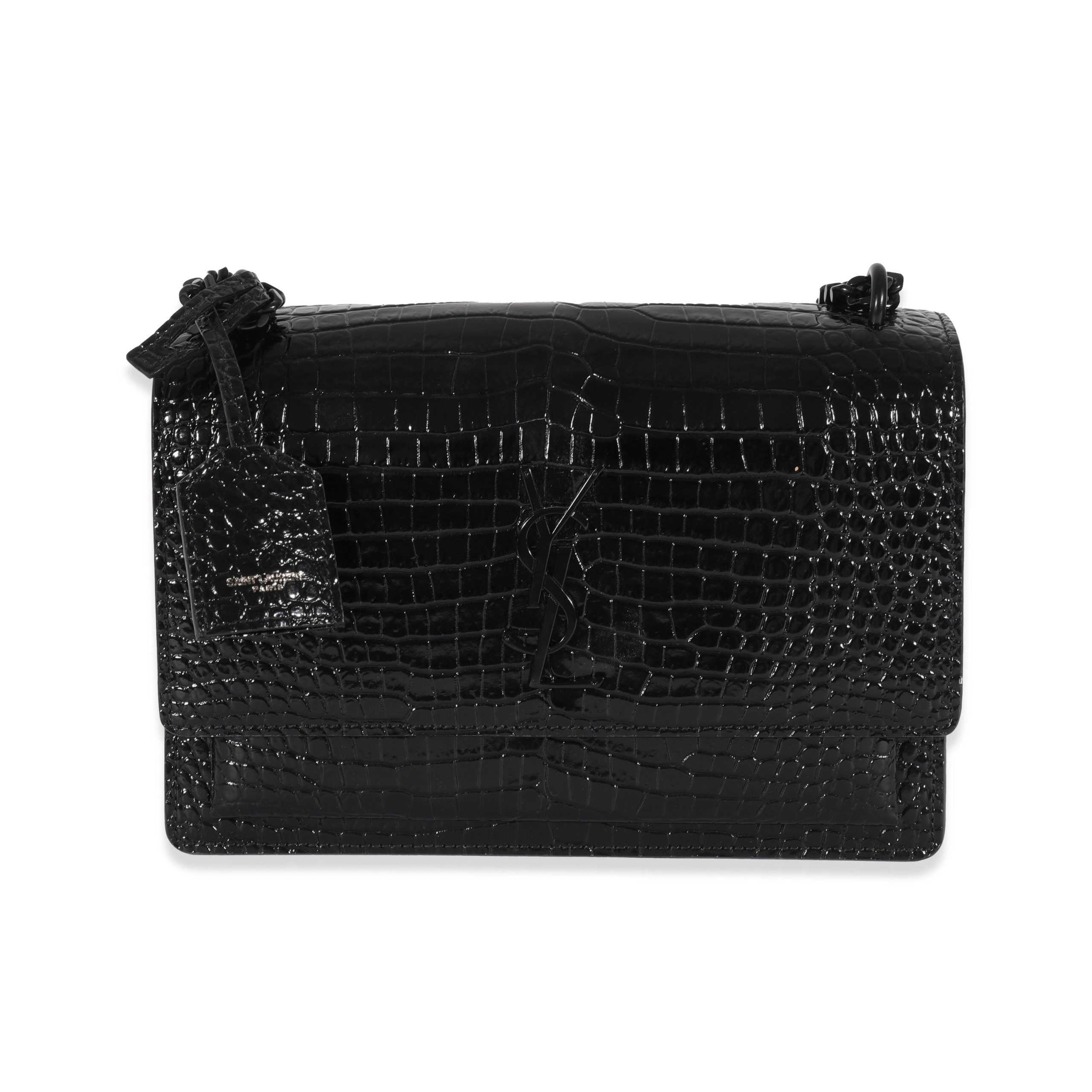 Saint Laurent Black Crocodile Embossed Medium Sunset Bag