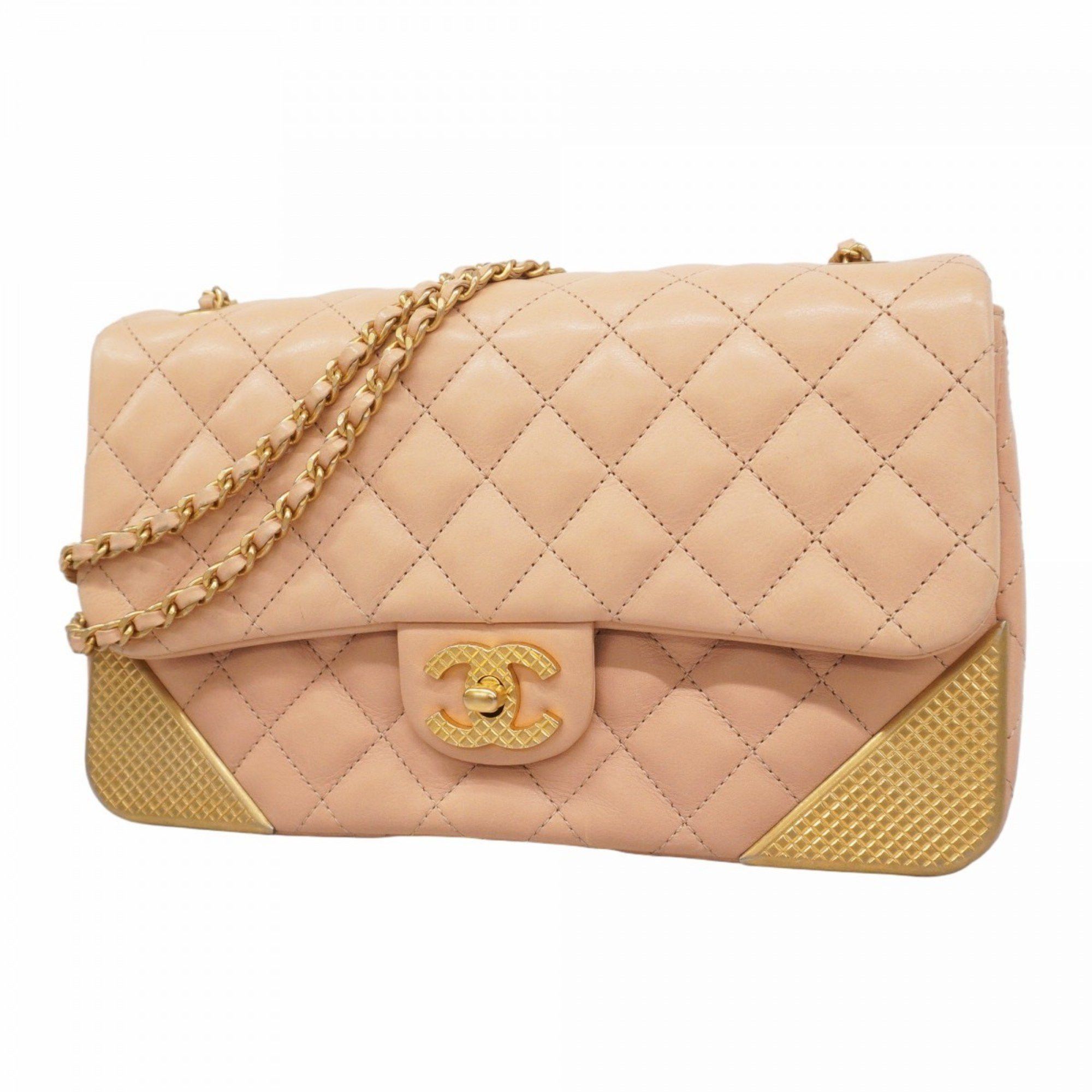 Chanel Shoulder Bag Matelasse W Chain Lambskin Pink Beige Women's
