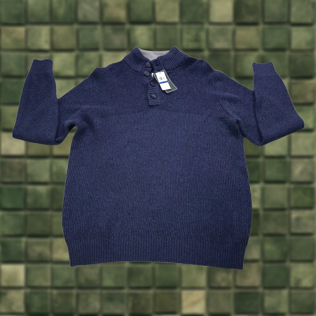 Vintage G.H. Bass & Co Knit Quarter Button Mock Neck Sweater XL Men Blue Cotton Blend NWT Pullover Size US XL / EU 56 / 4 - 1 Thumbnail