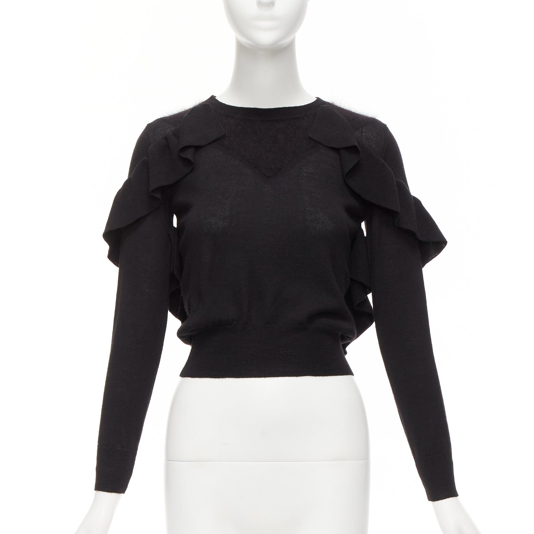 image of Viktor Rolf Viktor & Rolf Black Virgin Wool Silk Cashmere Sides Ruffle Cropped Sweater Xs, Women's 