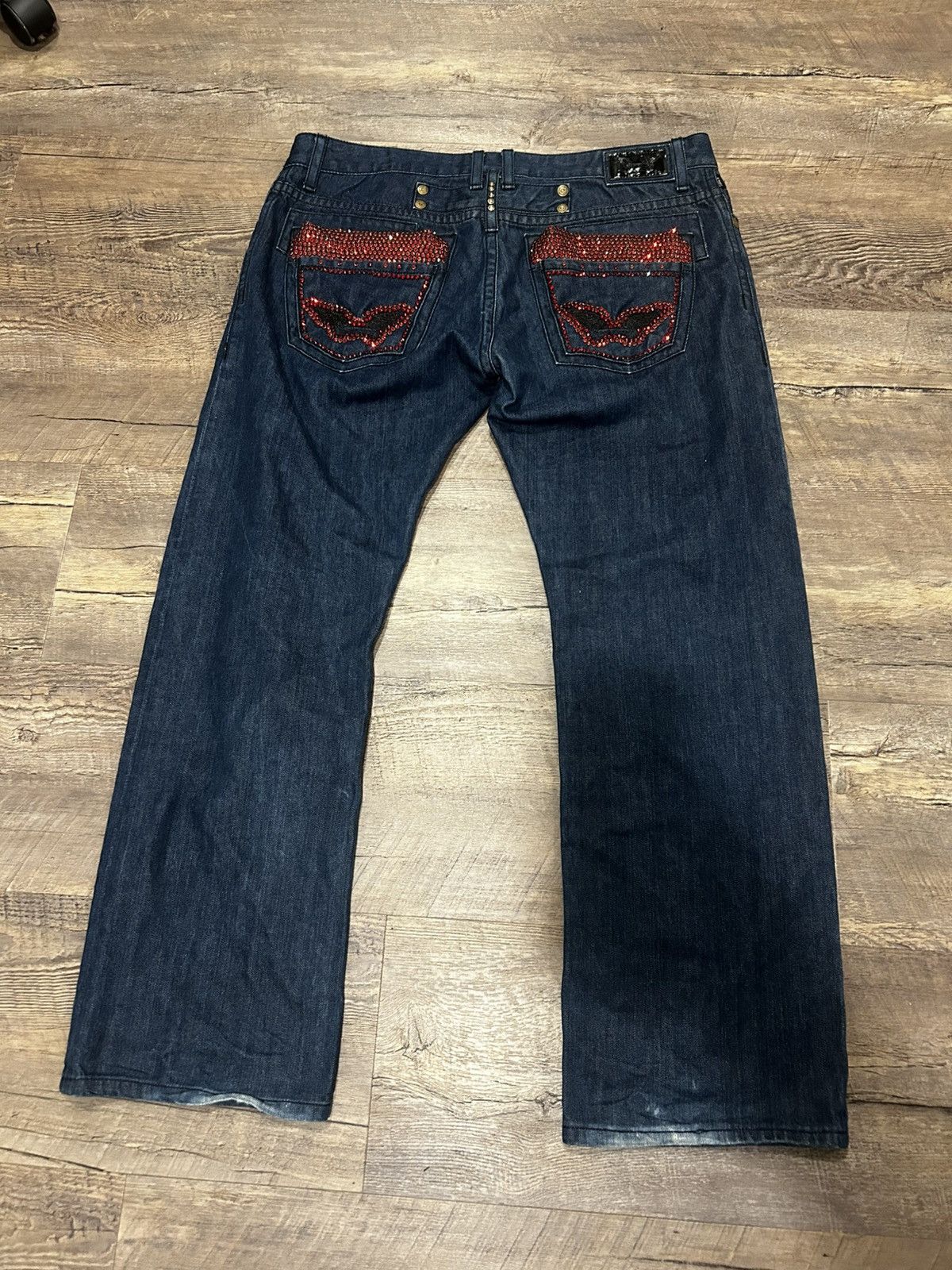 Robins Jeans 💥 Straight Blue Jeans with Custom Red Crystals 💥 Size US 38 / EU 54 - 1 Thumbnail
