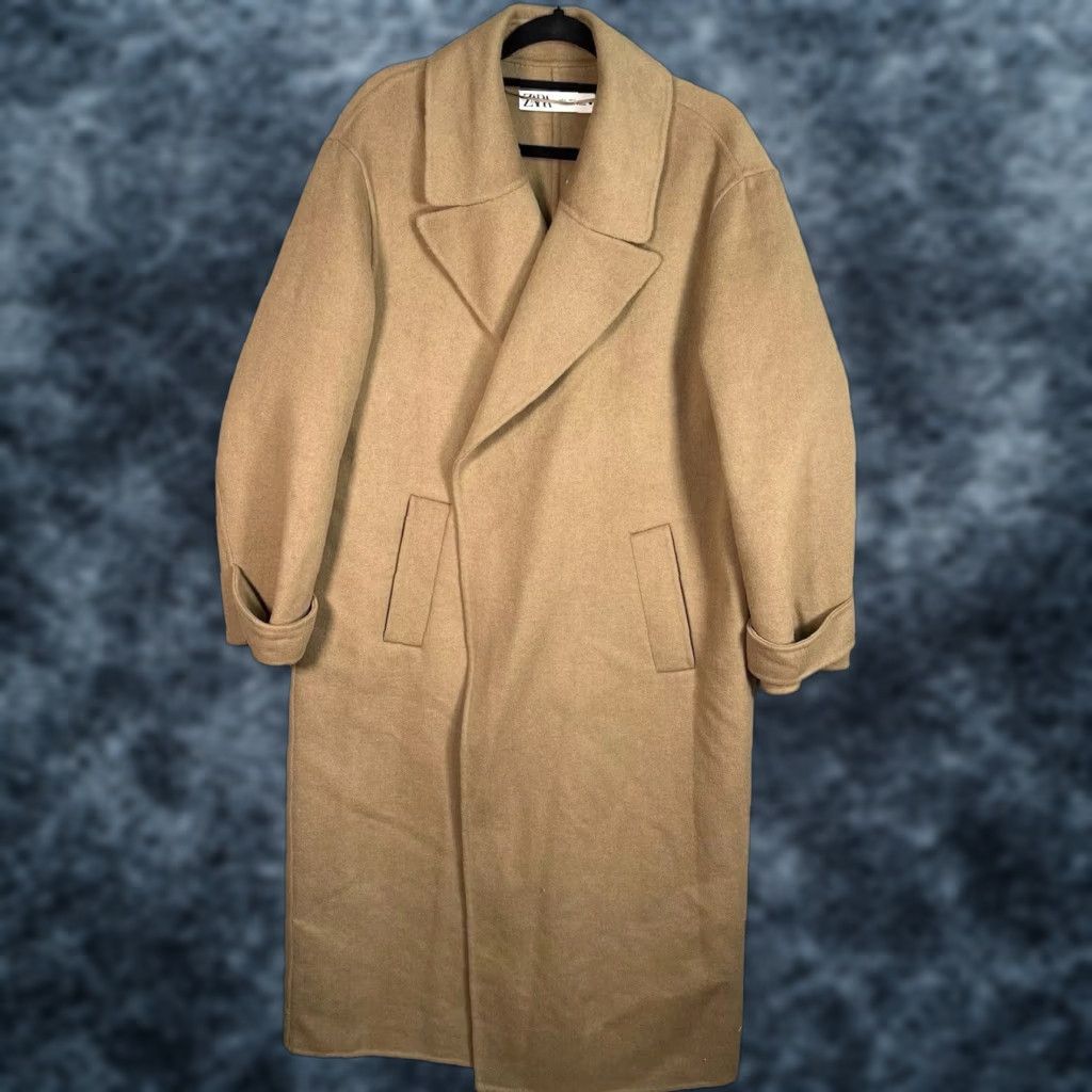 Zara NWT Zara WRAP Coat Womens Large Brown Wool Blend Belt Missing Belt No Belt? Beige Wool Overcoat Long Sleeve Coat NWT Zara Size L / US 10 / IT 46 - 1 Thumbnail