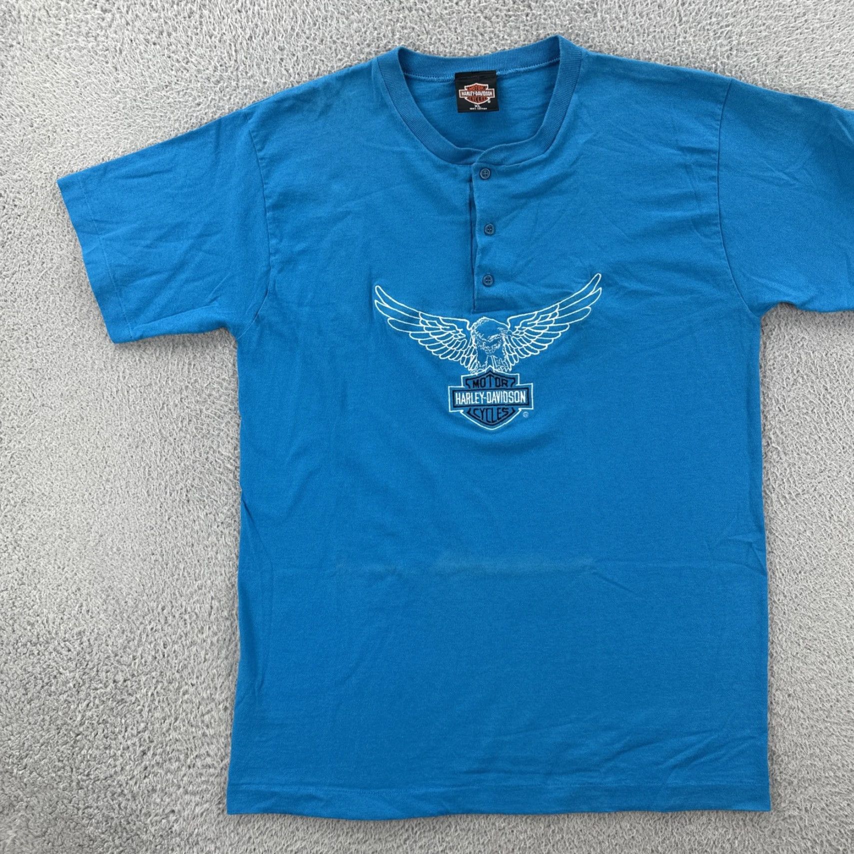 Harley Davidson VINTAGE Harley-Davidson Mens XL Embroidered Henley T Shirt Blue USA Made Size US XL / EU 56 / 4 - 3 Thumbnail
