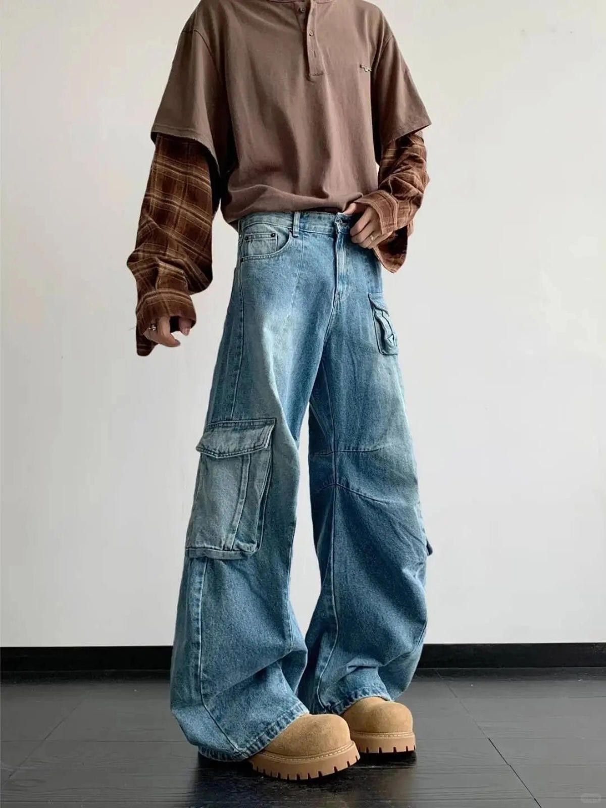 Japanese Brand Light Blue Baggy Cargo Jeans, Wide Leg Denim Pants Size US 32 / EU 48 - 3 Thumbnail