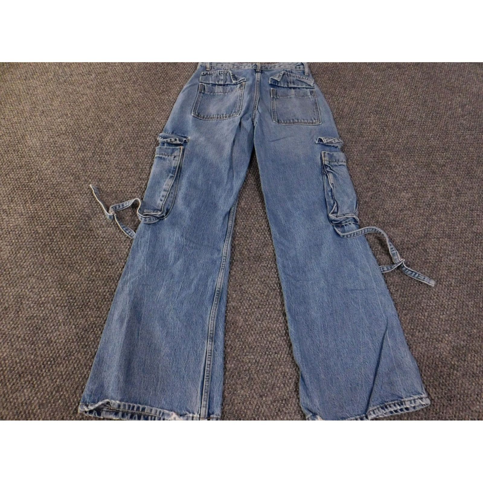Zara Zara Jeans Womens 0 Blue Cargo Wide-Leg Denim Pocket Zipper Pockets Distressed 31in Inseam Size 25" / US 0 / IT 36 - 6 Thumbnail