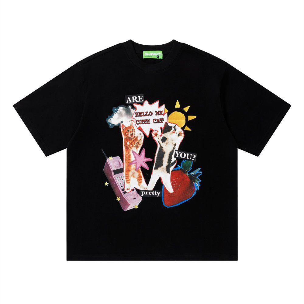 Japanese Brand Men's Hip-Hop Loose-Fit Casual T-Shirt with Kitten Print Size US M / EU 48-50 / 2 - 1 Thumbnail