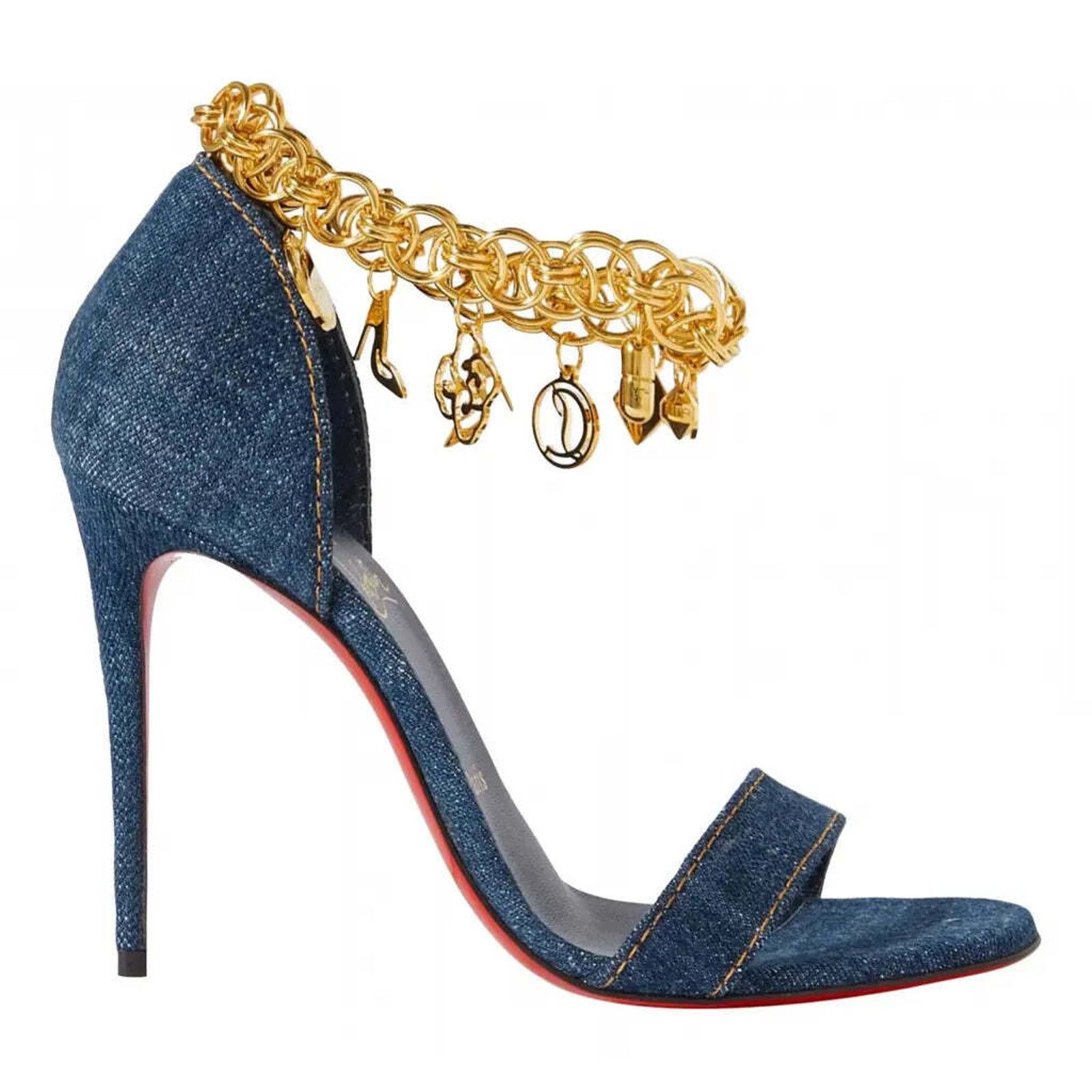 Christian Louboutin Gourmi Sandal 100 Denim Gold Charm Ankle Strap Heel Pump 37 Size US 7 / IT 37 - 1 Thumbnail