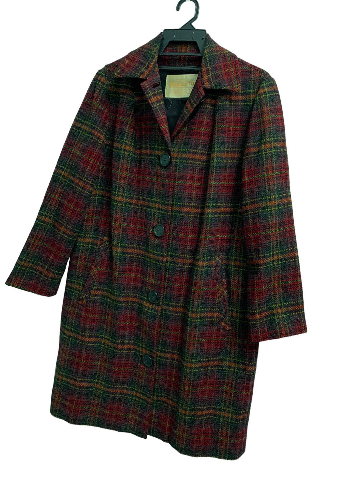 image of Tartan Wool Pendleton Long Coat Jacket in Red Tartan, Men's (Size XS)