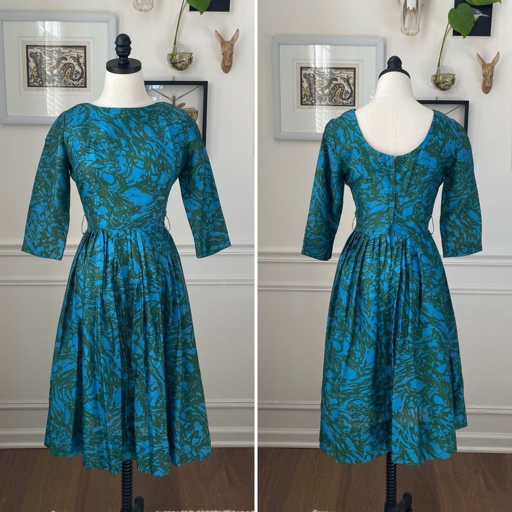 Vintage Vintage 60s Turquoise Green 3/4 Sleeve Fit and Flare Dress 4 S Size S / US 4 / IT 40 - 1 Thumbnail