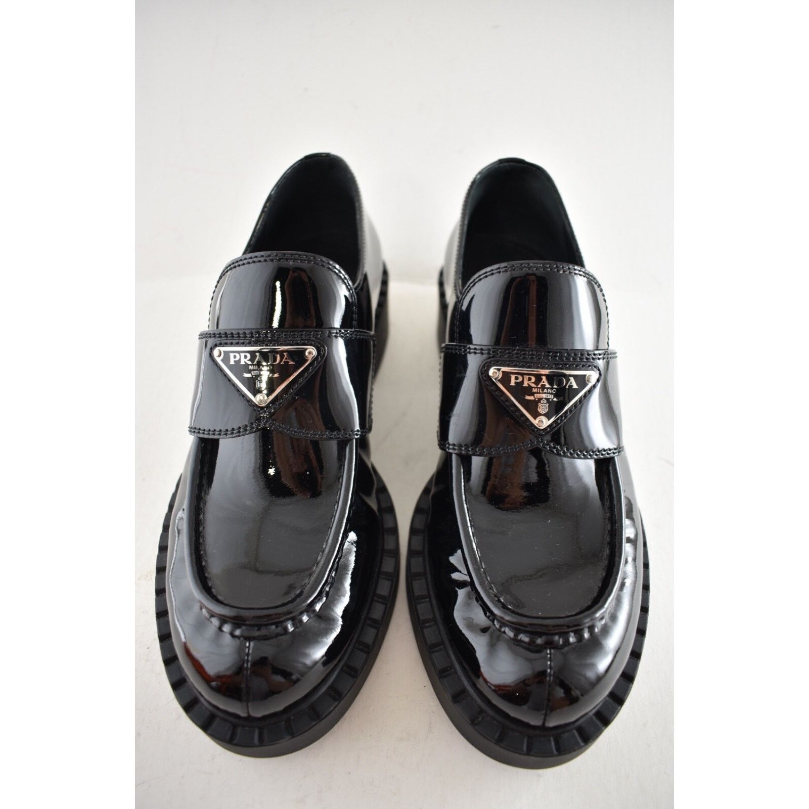 Prada Prada Chocolate Black Patent Leather Silver Logo Platform Size US 6 / IT 36 - 13 Thumbnail
