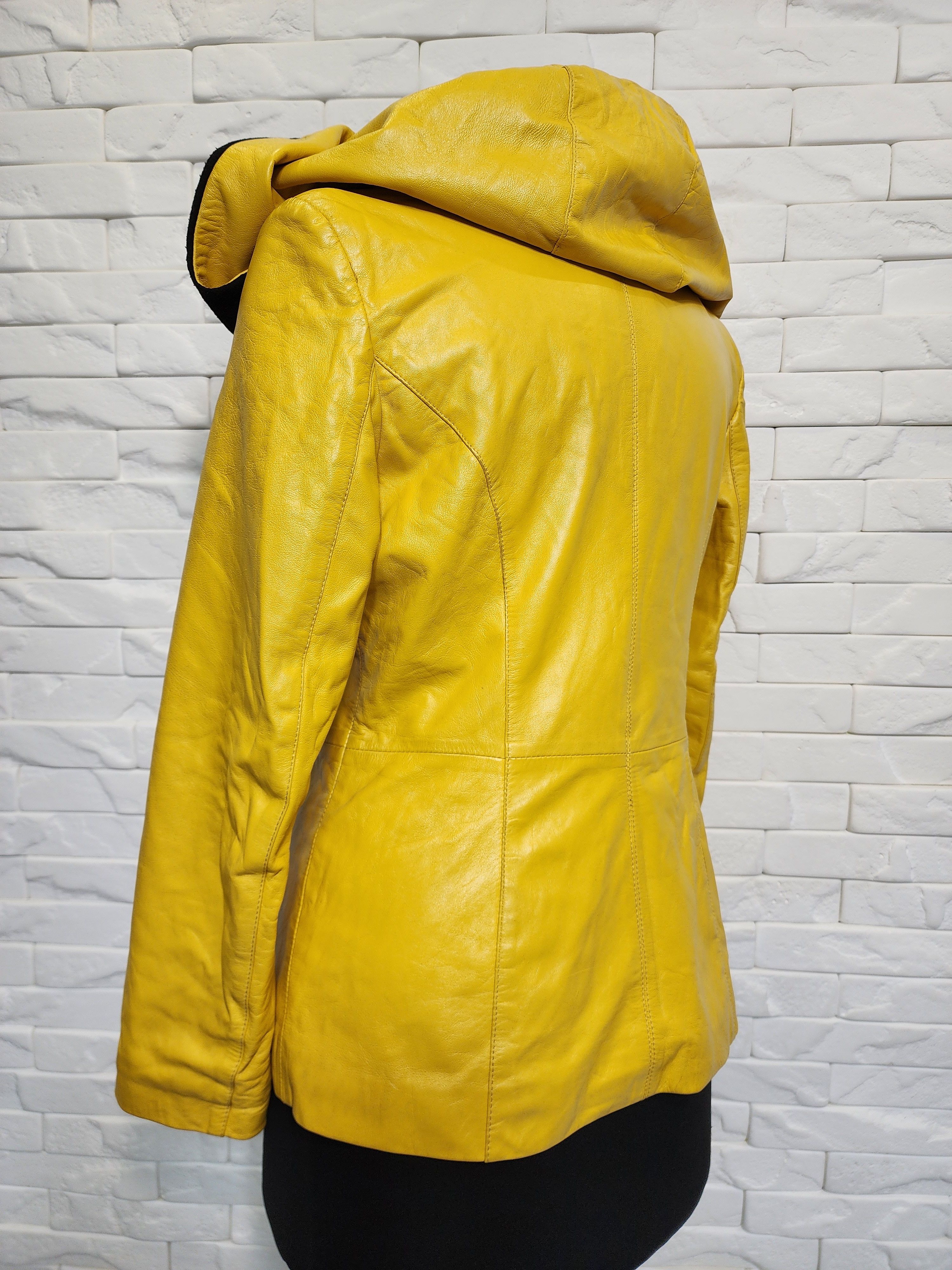 Genuine Leather Yellow Leather Hooded Jacket: Women's Sport Coat Size M / US 6-8 / IT 42-44 - 7 Thumbnail