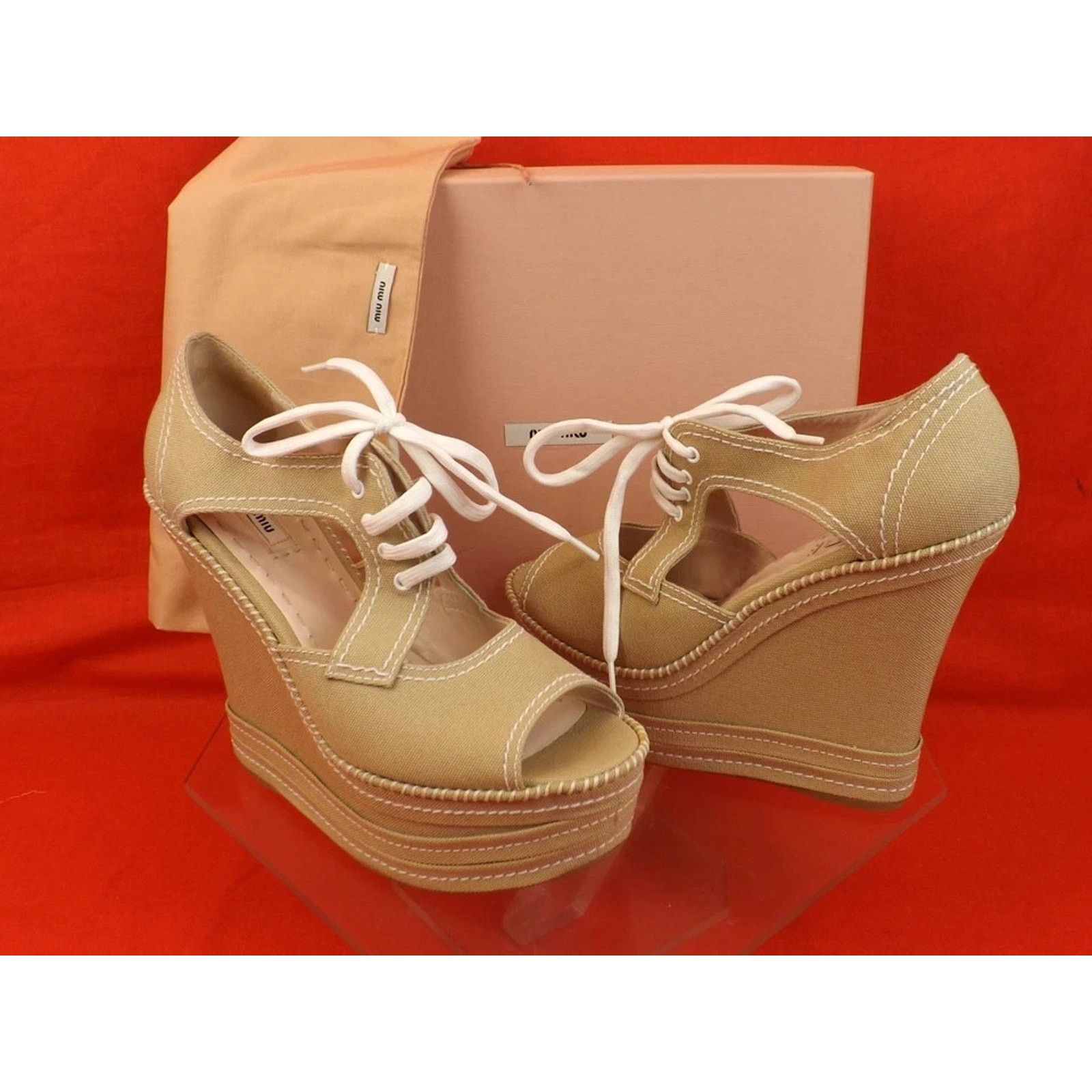 Miu Miu MIU MIU PRADA 5KZ006 BEIGE CANVAS OPEN TOE WEDGE PUMPS 39.5 Size US 9.5 / IT 39.5 - 5 Thumbnail