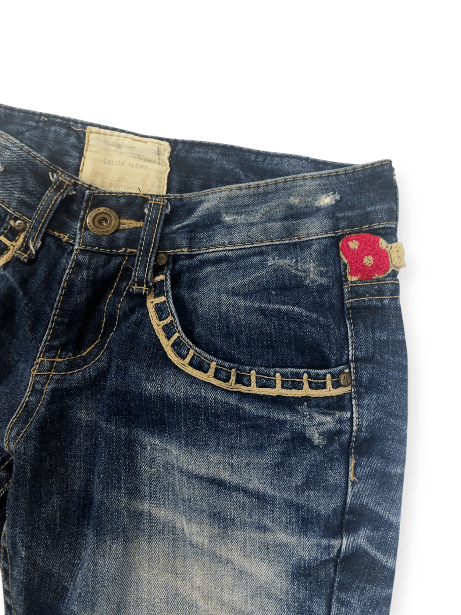 Vintage Lolita Jeans Embroidered Ribbon Mushroom Denim Size 29" - 9 Thumbnail