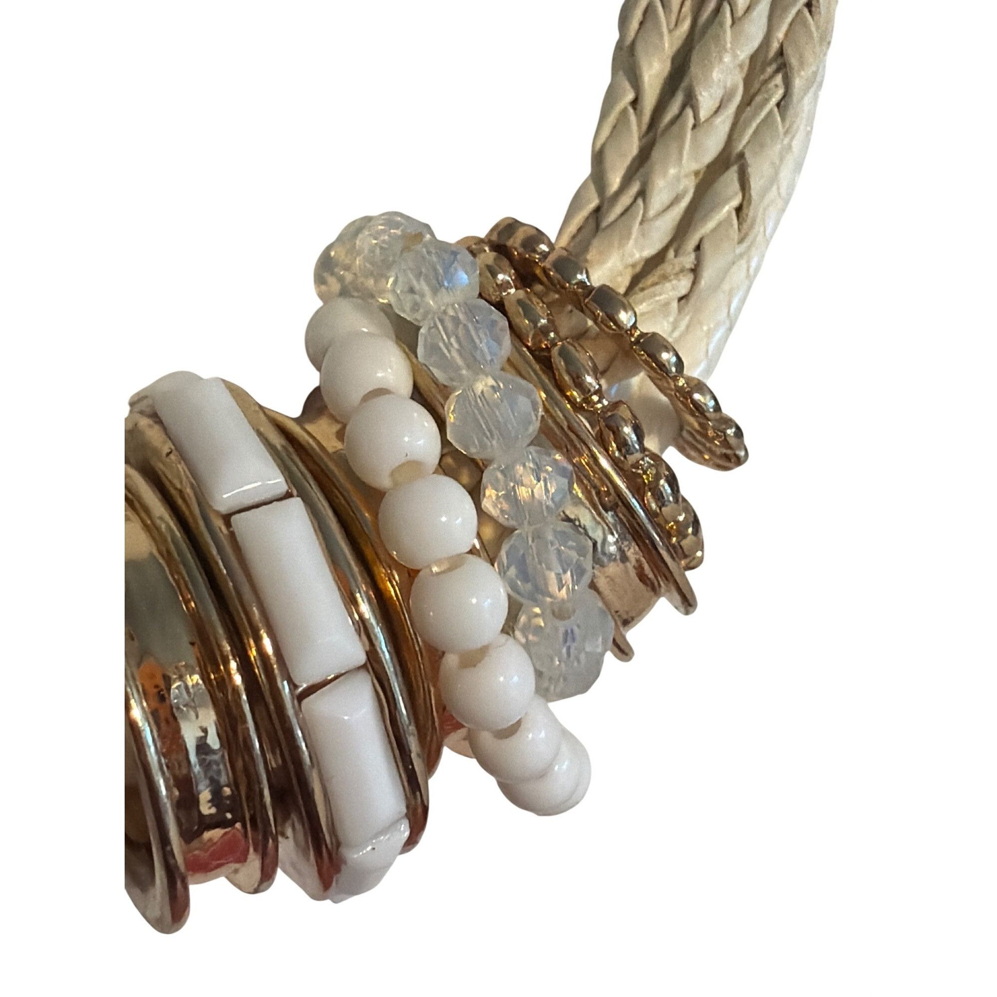 Other White Faux Braided Leather Multi Strand Necklace Rings Beads Size ONE SIZE - 3 Thumbnail