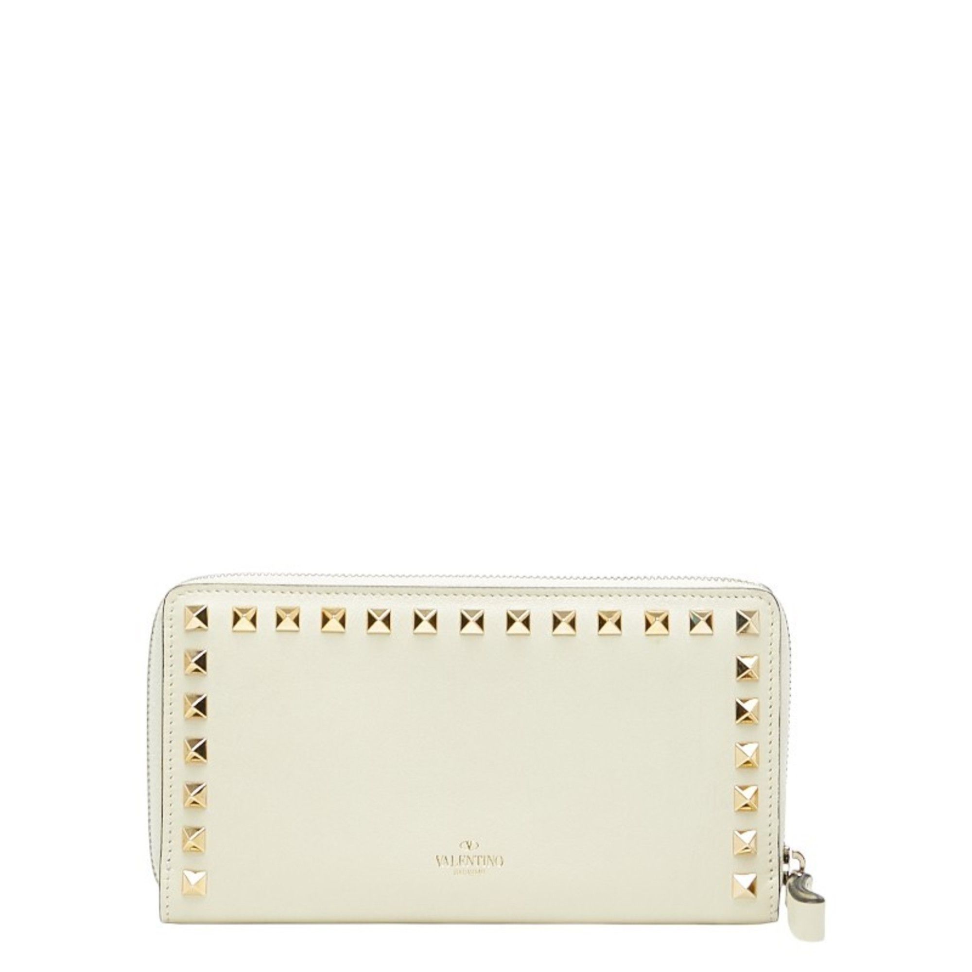 Valentino Rockstud round zip long wallet in white leather for women.
