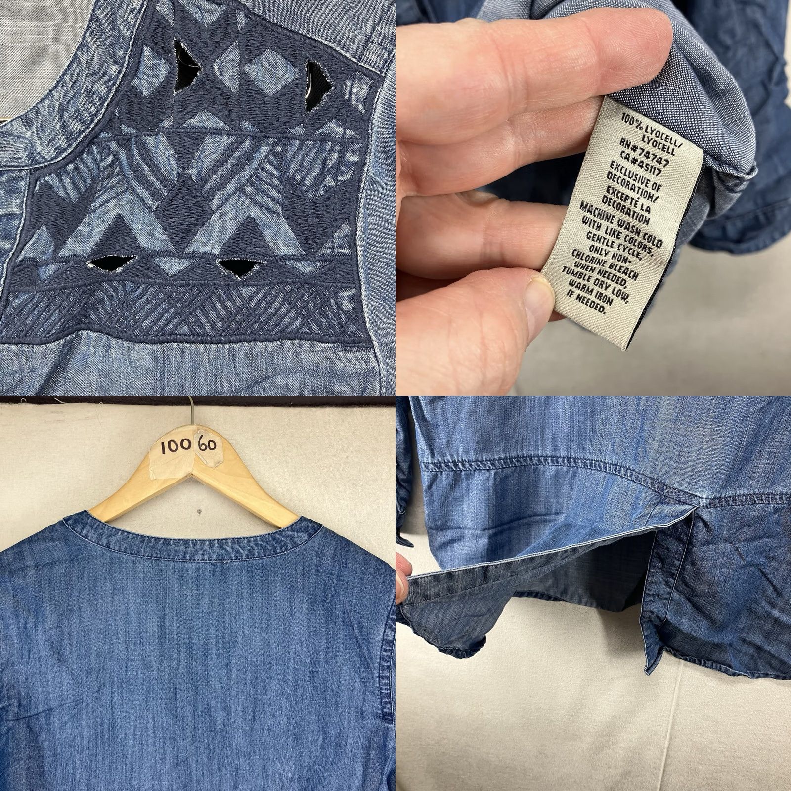 Denime VINTAGE Bob Timberlake Women's All Lyocell Tunic Blouse Denim Boho Embroidered Metal Buttons Roll Tab Sleeve V-Neck Casual 90s Womens L Blue Size L / US 10 / IT 46 - 9 Thumbnail