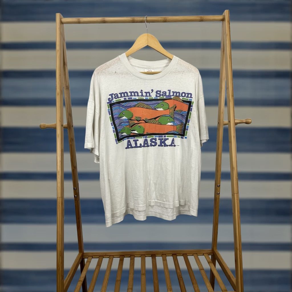 TEE JAYS VTG 80S Jammin Salmon Alaska Paper Thin Burnout Worn Art T-Shirt XL Men White Tee Jays Shirt Womens Mens Size US XL / EU 56 / 4 - 1 Thumbnail