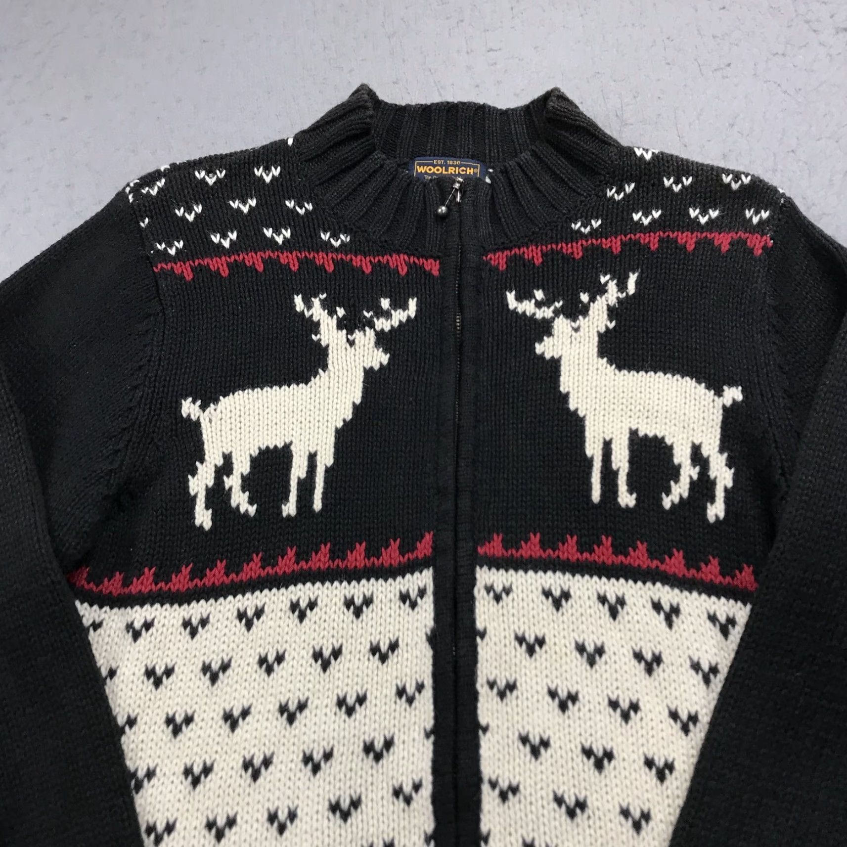 Vintage VINTAGE Woolrich Sweater Womens Large Cardigan 90s Full Zip Fair Isle Black Gray Deer Size L / US 10 / IT 46 - 2 Thumbnail