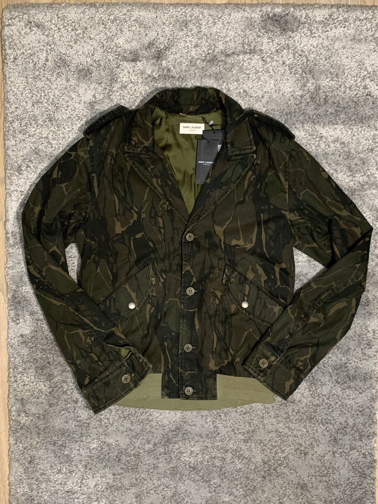 image of Saint Laurent Paris Saint Laurent Hybrid Bomber In Camouflage Size 48 in Green, Men's