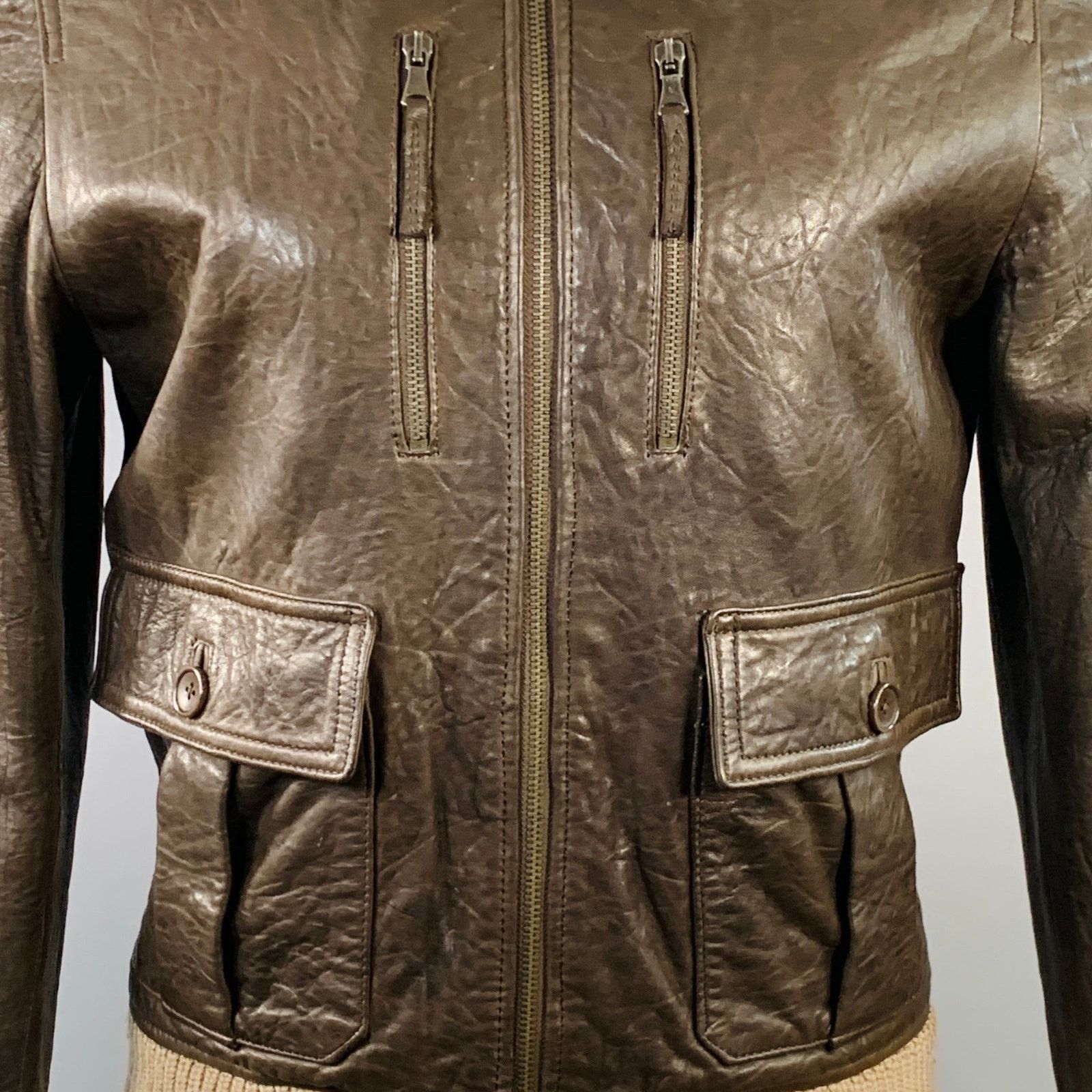 Daniele Alessandrini Size S Brown Ribbed Leather Bomber Jacket Size US S / EU 44-46 / 1 - 2 Thumbnail