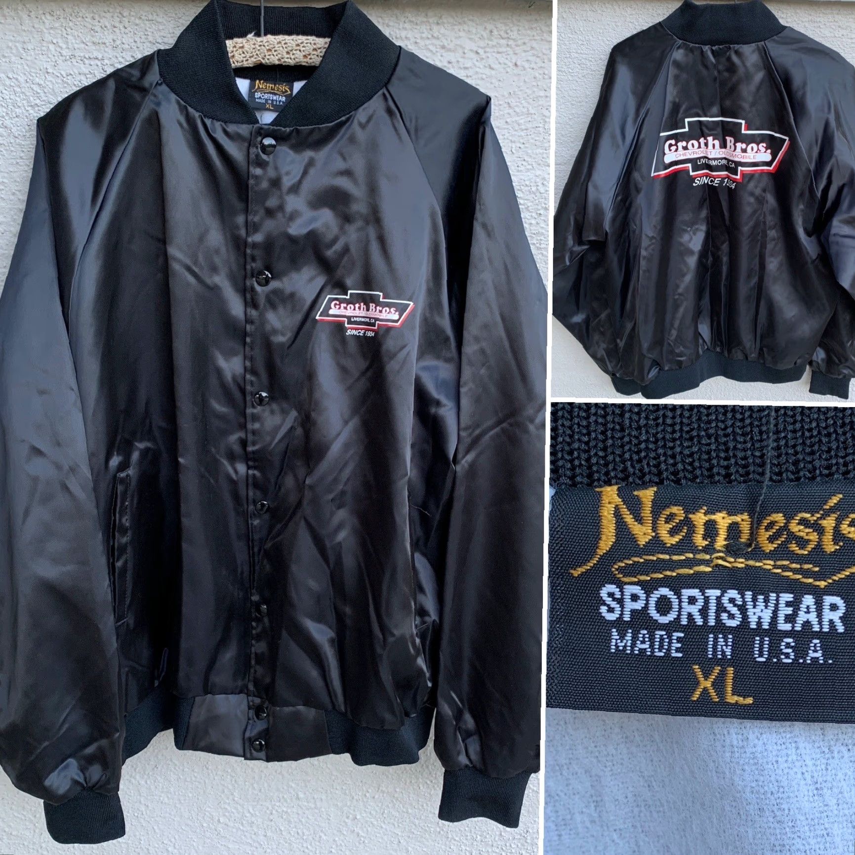 Vintage VINTAGE Nemesis SATIN Bomber Jacket Men's XL Black Cars Transportation Groth Bros Chevrolet Oldsmobile Livermore CA Since 1934 Satin Jacket Size XL Size US XL / EU 56 / 4 - 2 Thumbnail