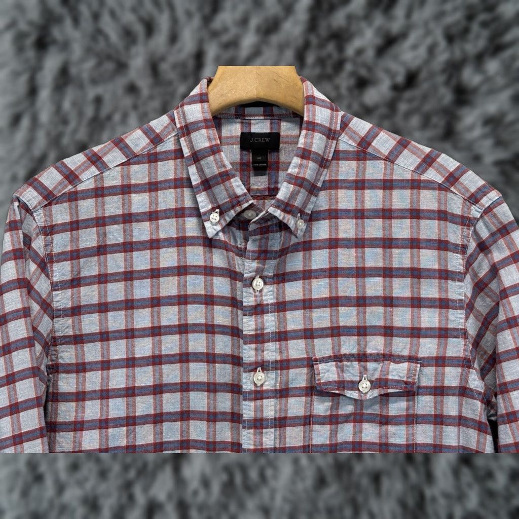 J.Crew VINTAGE J.CREW Linen Blend Button-Down Shirt Mens Medium Blue Windowpane Plaid Slim Fit Size US M / EU 48-50 / 2 - 1 Thumbnail