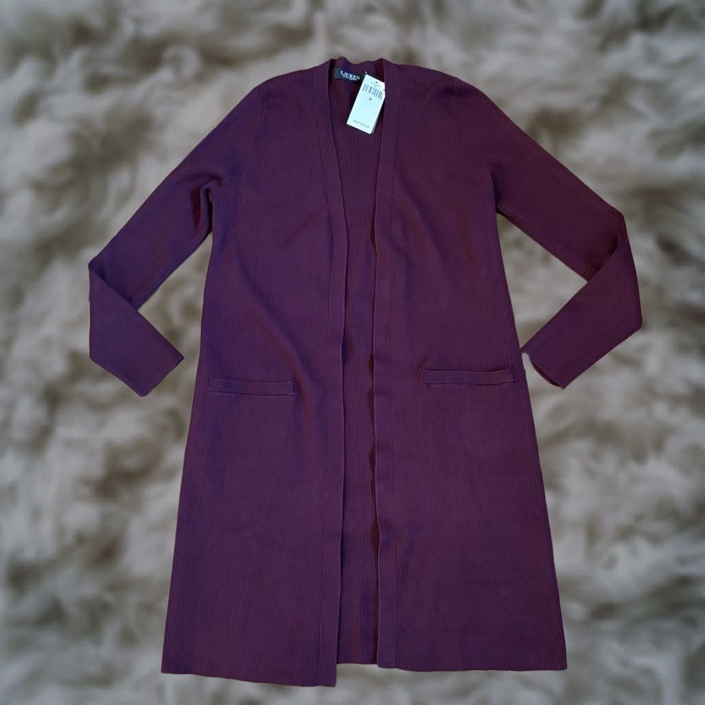 Ralph Lauren NWT Lauren Ralph Lauren Open Front Cardigan Sweater Maroon sz M Womens Cardigan Knit Open Front Pockets long Sleeve Size M / US 6-8 / IT 42-44 - 1 Thumbnail