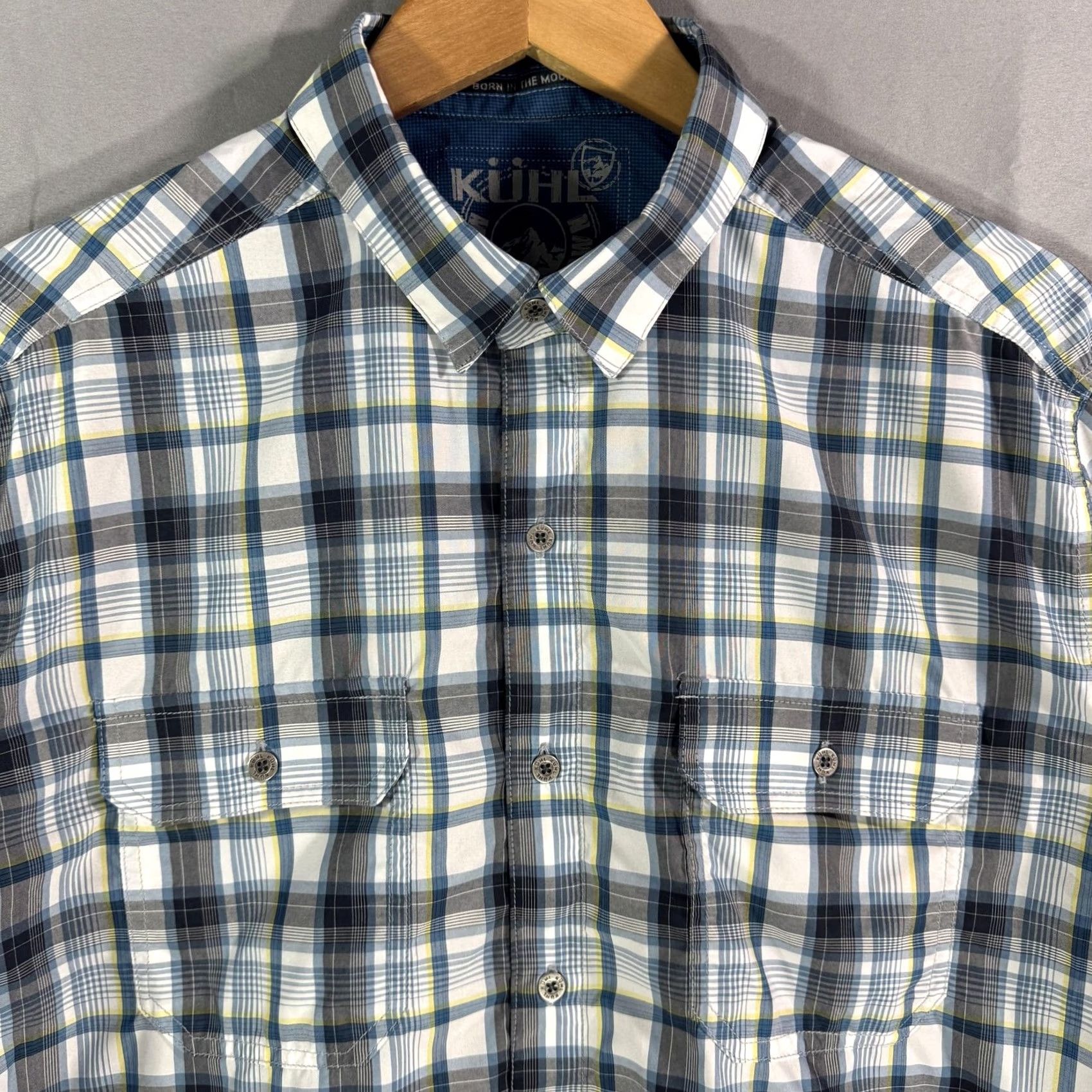Vintage KÜHL Shirt Mens Large Blue Gray Plaid ELUXUR Short Sleeve Outdoor Hiking Shirt Size US L / EU 52-54 / 3 - 3 Thumbnail