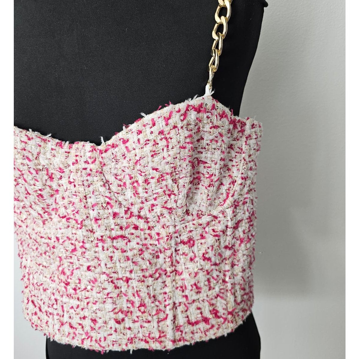Alice + Olivia Alice +Olivia Cristi Pink Tweed Chain Bustier Crop Top 14 Size XL / US 12-14 / IT 48-50 - 4 Thumbnail
