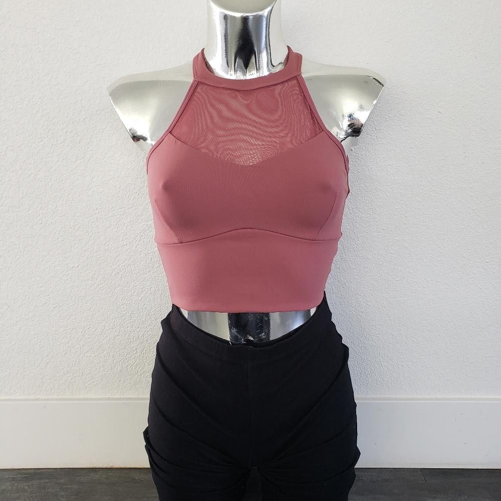 Designer Dust Rose Sheer Detailed Longline Sport Bra Size ONE SIZE - 1 Thumbnail