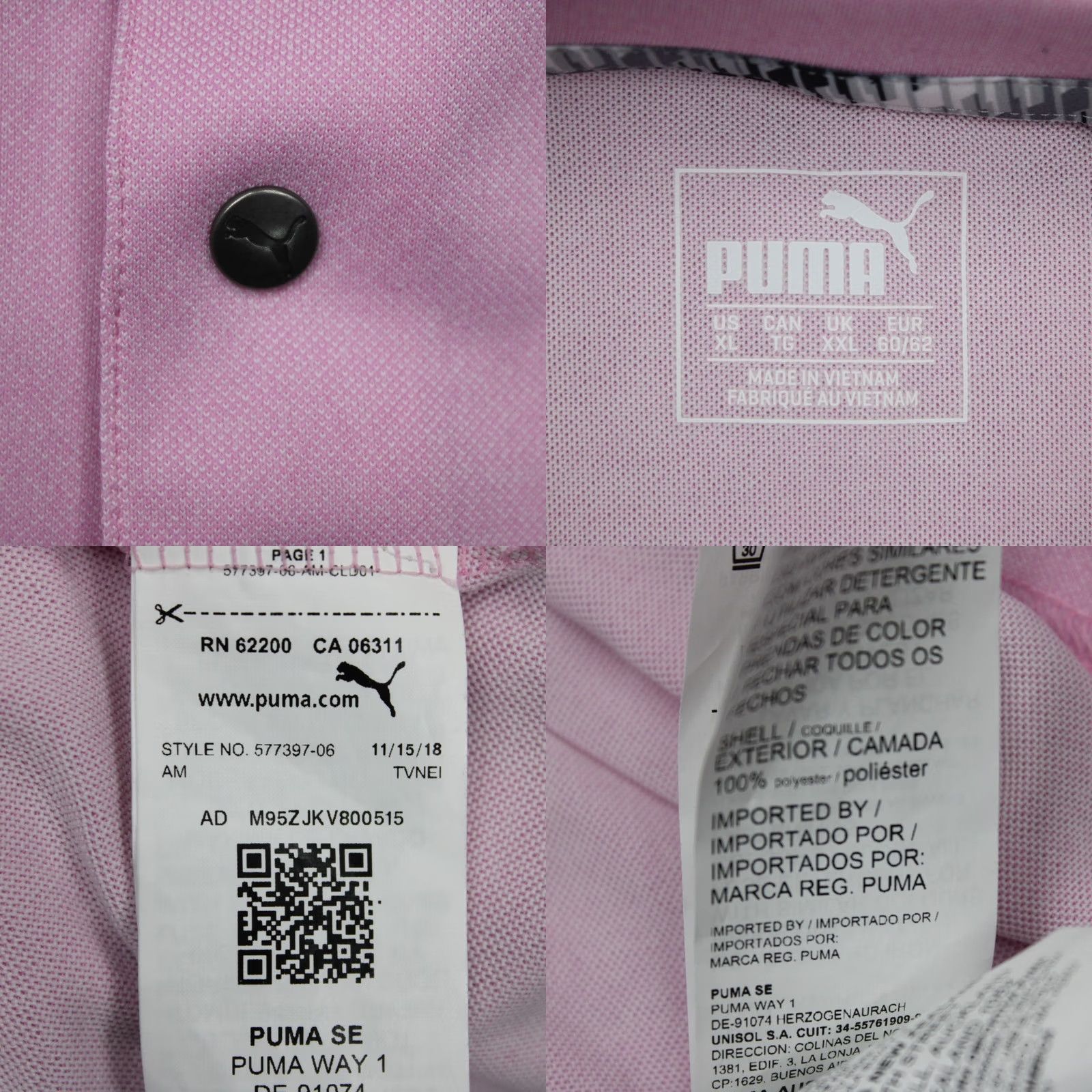 Puma PUMA Polo Shirt Mens XL Pink Polyester Blend Short Sleeve Button Collar Sports Golf Logo Size US XL / EU 56 / 4 - 8 Thumbnail