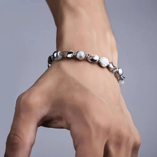 Jewelry Silver and White Beaded Men's Bracelet Size ONE SIZE - 1 Thumbnail