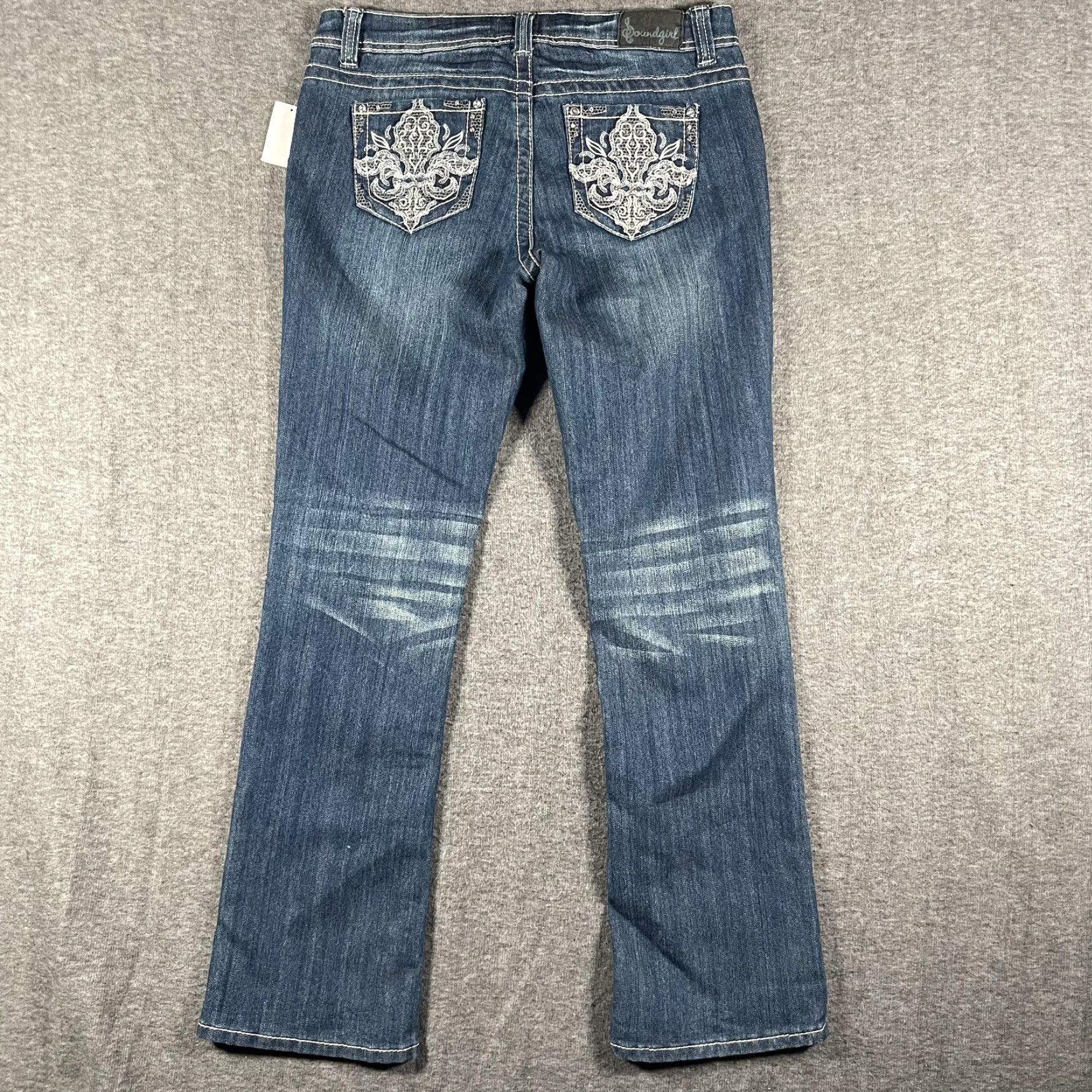 Vintage Soundgirl Jeans Womens 13 Medium Blue Skinny Bootcut Embroidered Rhinestone Embellished Stretch Distressed Pockets Zip Fly Jeans Size 34" / US 12 / IT 48 - 2 Thumbnail