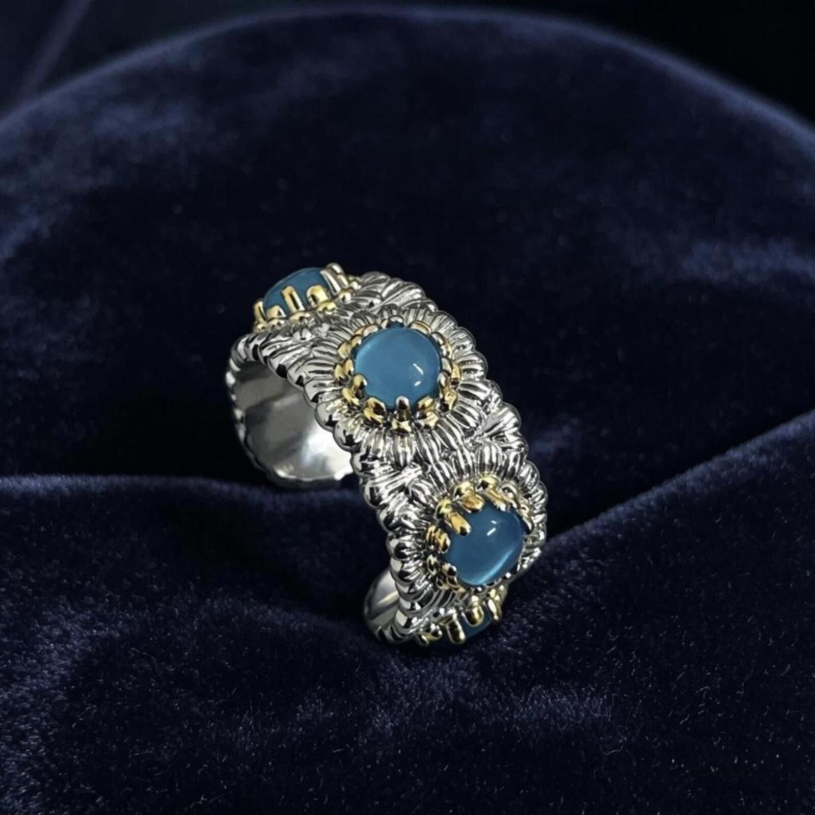 Other Vintage Blue Stone• Adjustable Silver Tone Floral Band Size ONE SIZE - 7 Thumbnail
