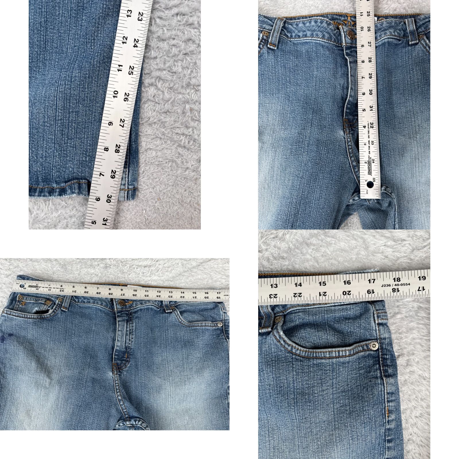Vintage Arizona Jeans Co Juniors 17 Blue Denim Flared Mid Rise 34x30 Cotton Blend Jeans Womens Rock Distressed Pockets 5-Pocket Design Regular 30 in Inseam Size 38" / US 16 / IT 52 - 8 Thumbnail