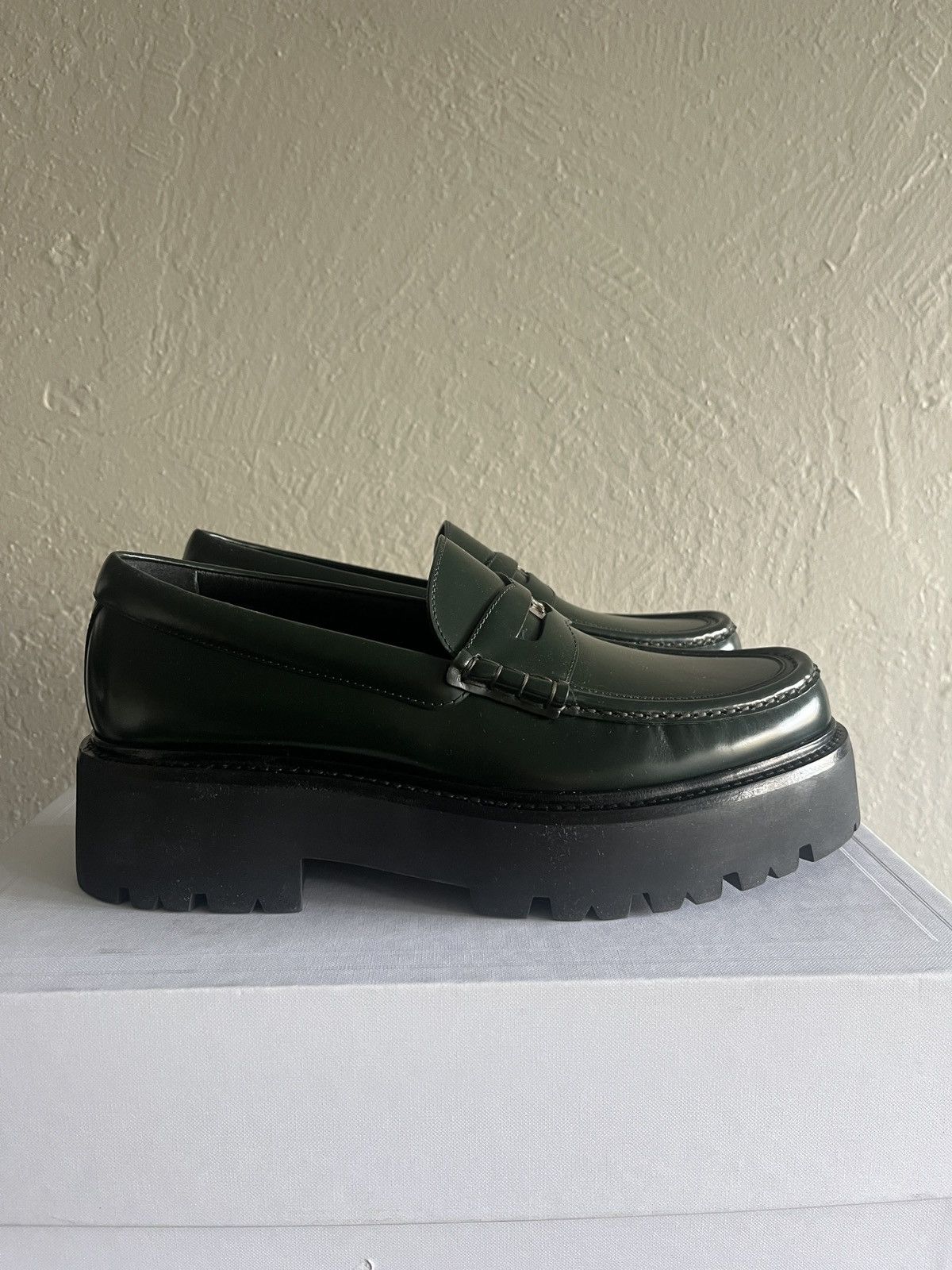 Celine × Hedi Slimane Celine Polished Bull Penny Loafers Green Chunky Leather Size US 9.5 / EU 42-43 - 2 Thumbnail