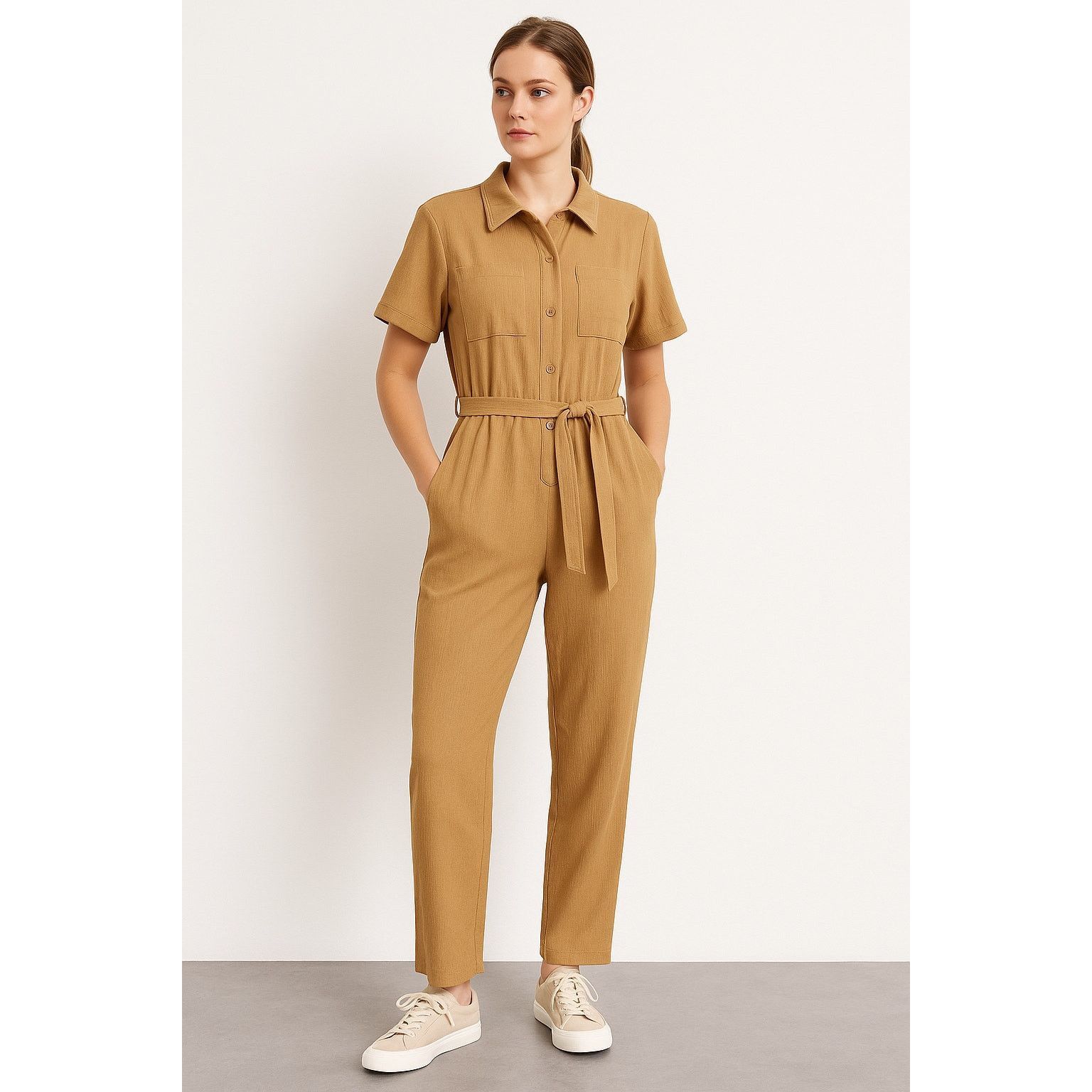 Shein Trendy Shein Tan Utility Jumpsuit Short Sleeve Belted Size 34" / US 12 / IT 48 - 1 Thumbnail