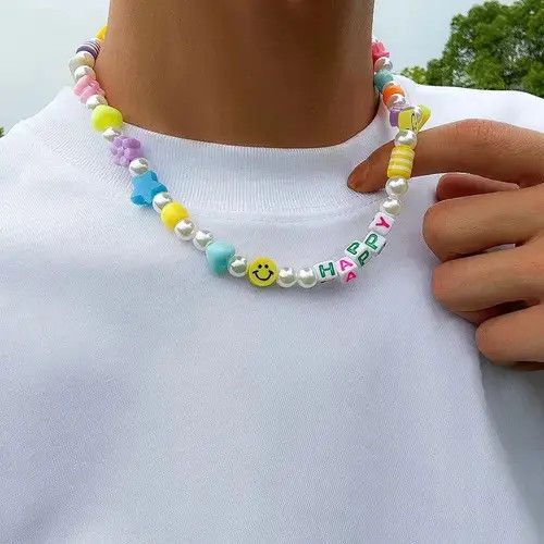 Jewelry HAPPY Smiley Face Bead Hippie Peace Pearl Rainbow Necklace Size ONE SIZE - 3 Thumbnail