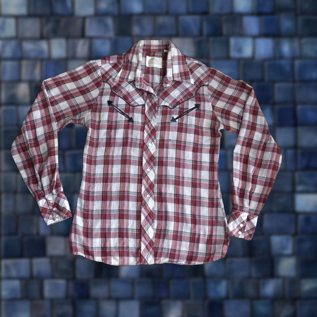 VTG Miller Western Shirt XS Red Plaid Pearl Snap Button 60s 70s Cowboy Rockabilly Cotton Long Sleeve