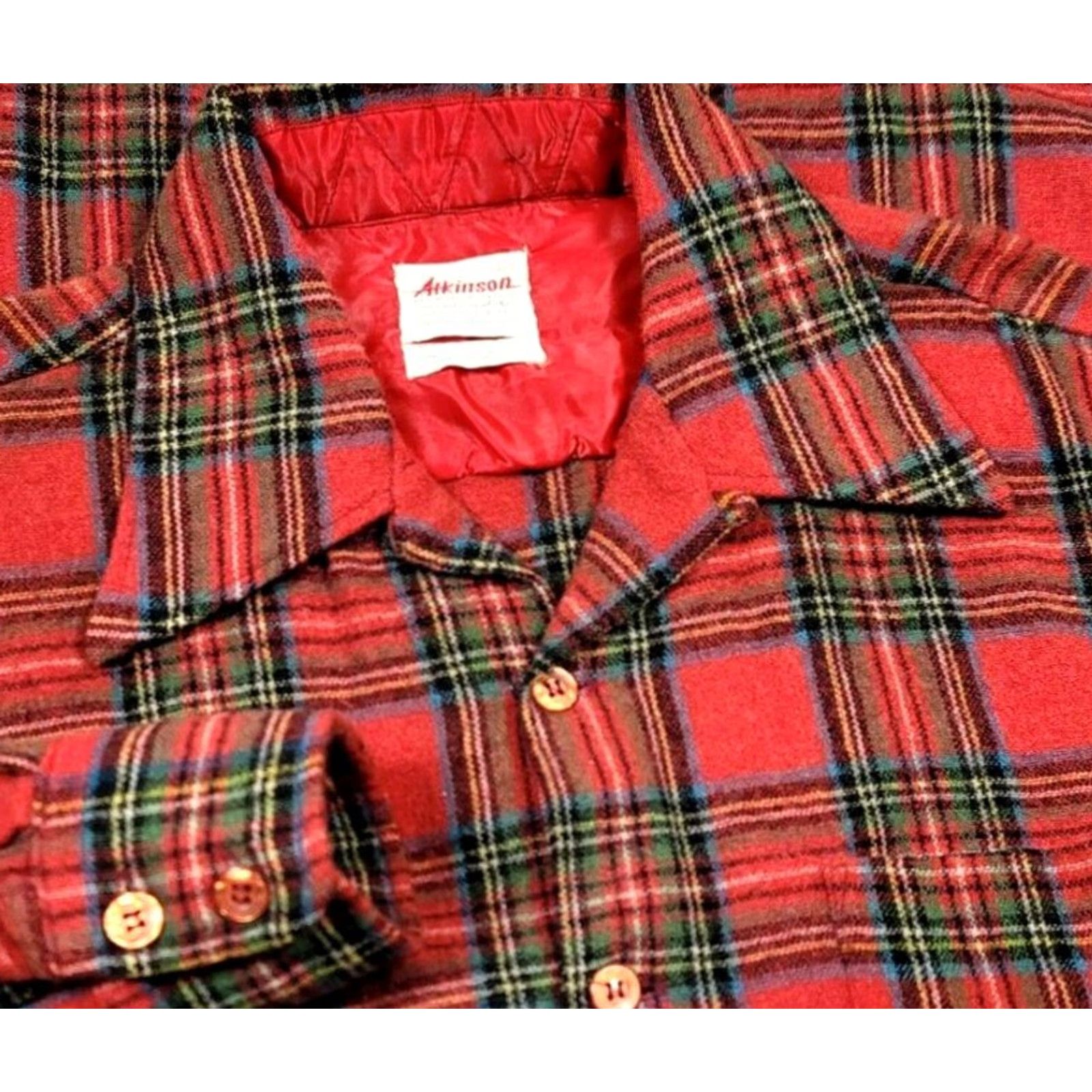 Vintage VTG Atkinson Wool Blend Loop Collar Button Up Shirt Mens L Plaid Quiled Pockets 60s 70s Vintage Red Short/Long Sleeve Shirt Size US L / EU 52-54 / 3 - 2 Thumbnail