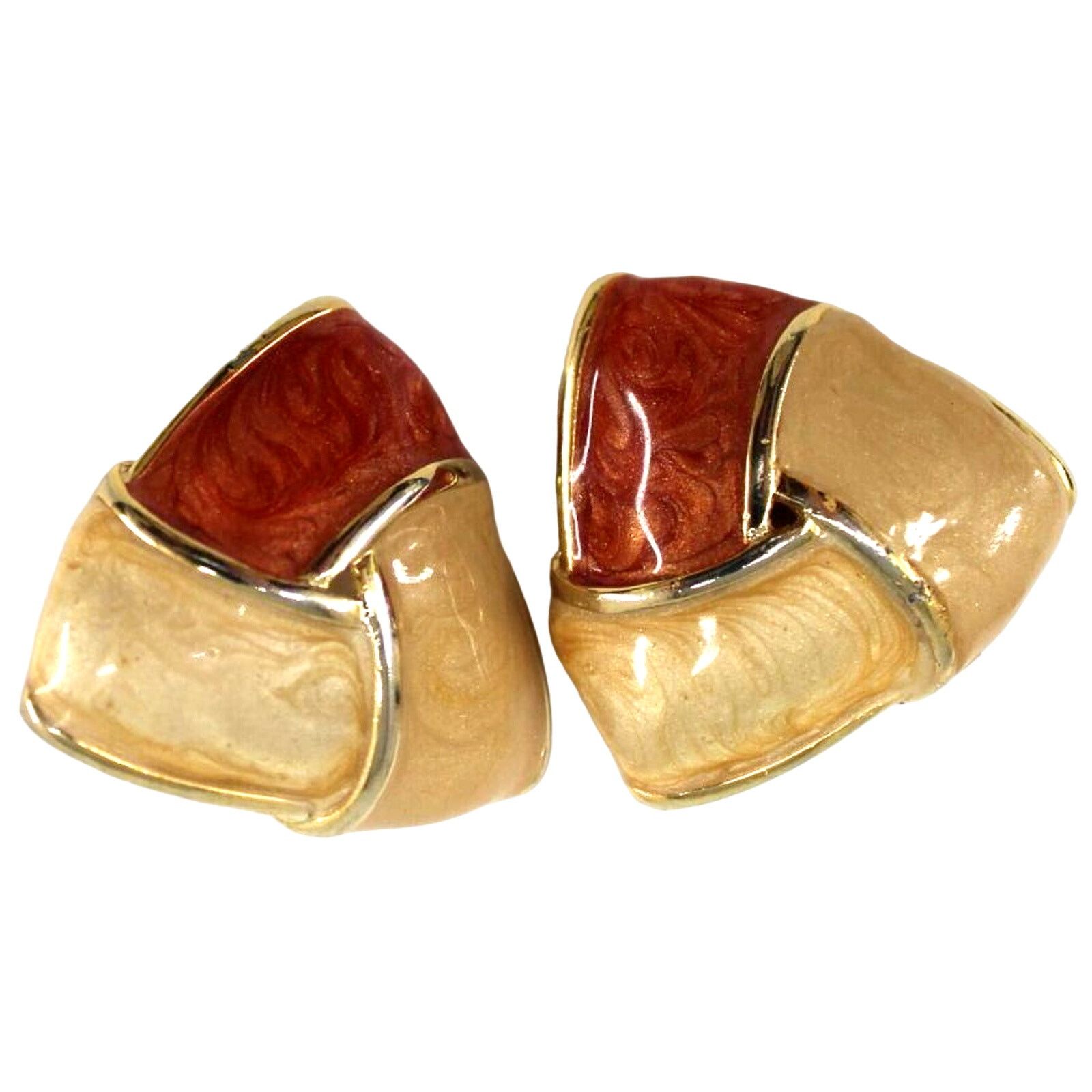 Other Vintage 1950s Inlaid Rust Beige Enamel Earrings • Clip On Size ONE SIZE - 1 Thumbnail