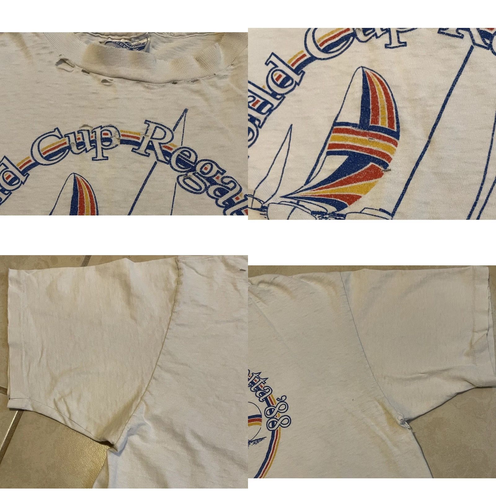 Vintage VINTAGE World Cup Regatta Shirt M White Thrashed Faded 80s 90s Surf Beach Grunge Single Stitch Mens T-Shirt Size US M / EU 48-50 / 2 - 8 Thumbnail