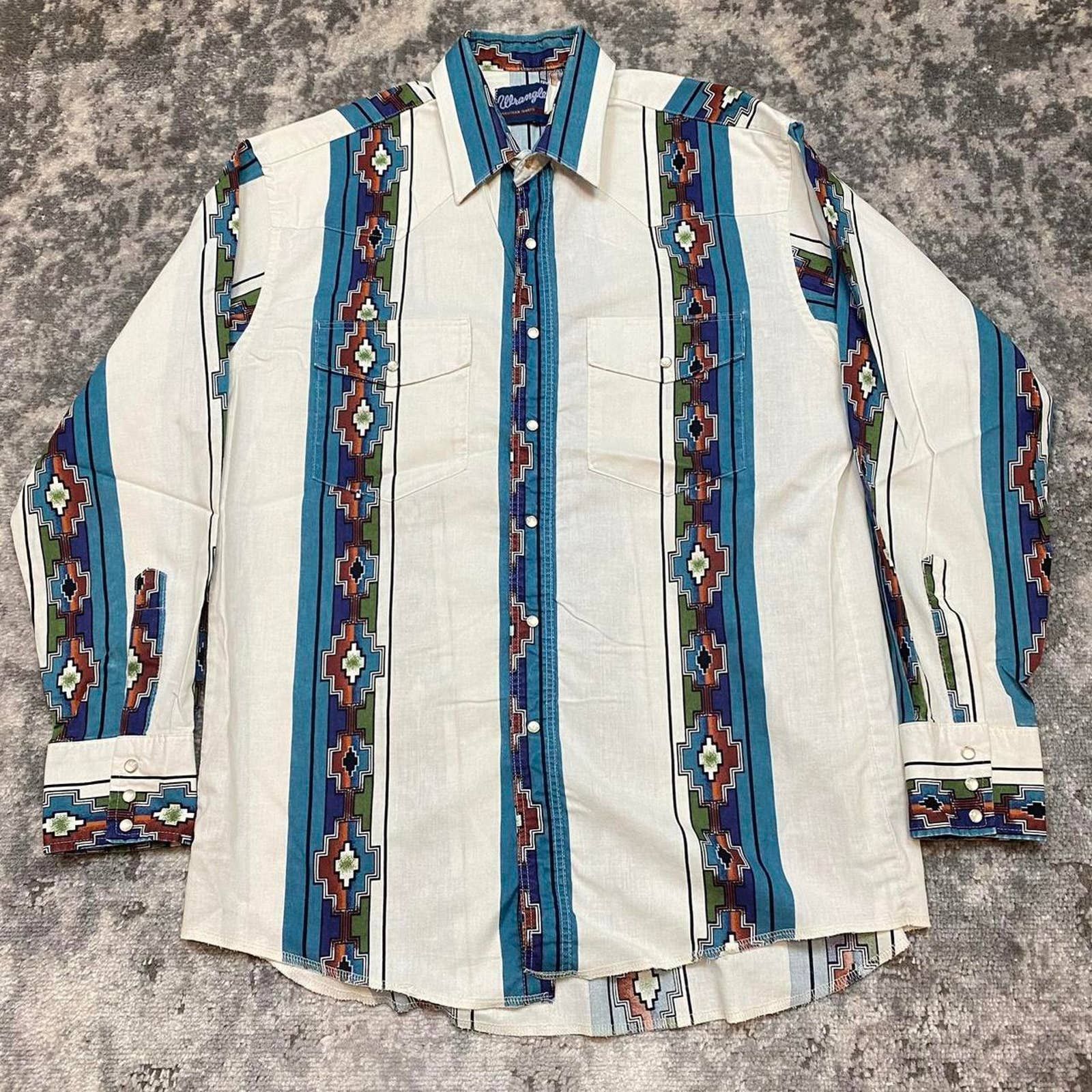 Chemise Vintage Wrangler Homme XL - Bleu Aztèque Brushpopper - Perles Snap Western Années 90