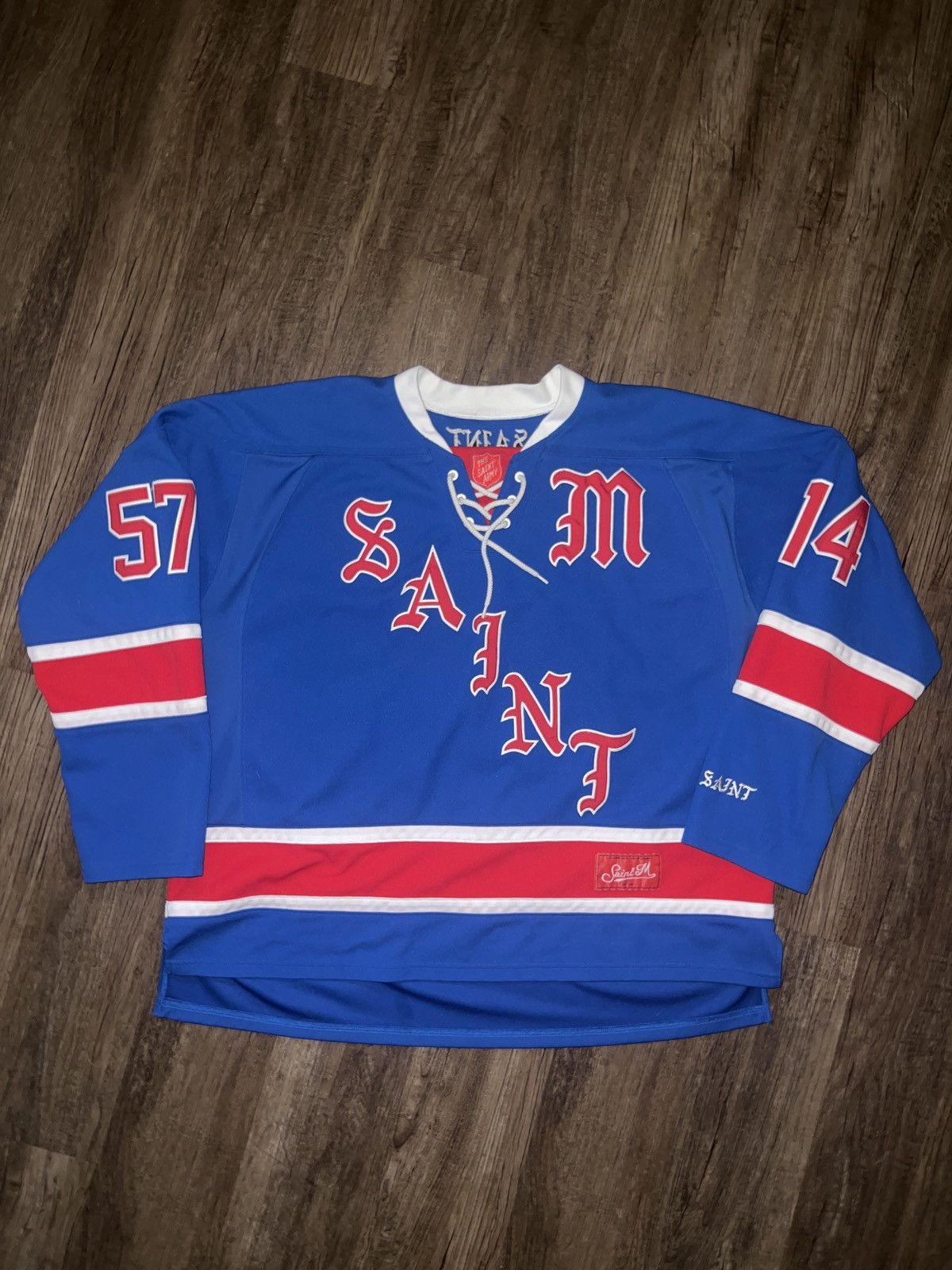 image of Saint Michael Supernatural Hockey Jersey (Blue) in Blue/Red/White, Men's (Size Medium)