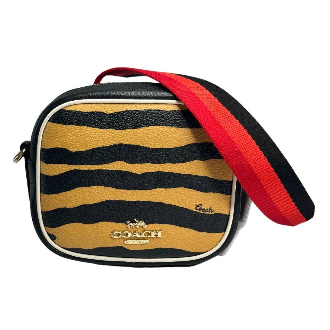 image of Coach Mini Dempsey Camera Bag With Tiger Print in Brown, Women's